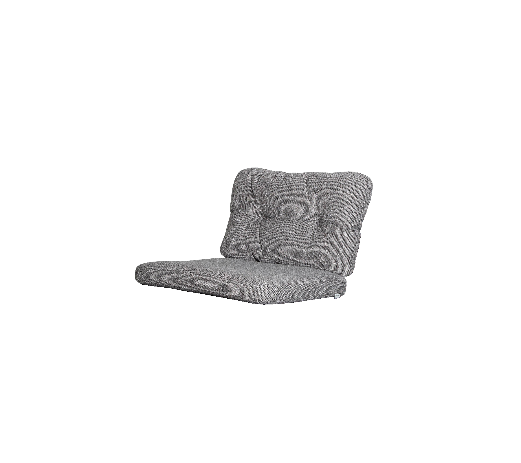 Grå klädd loungestol med tuftad rygg och låg profil, idealisk för avslappnad sittning och bekväm avkoppling.