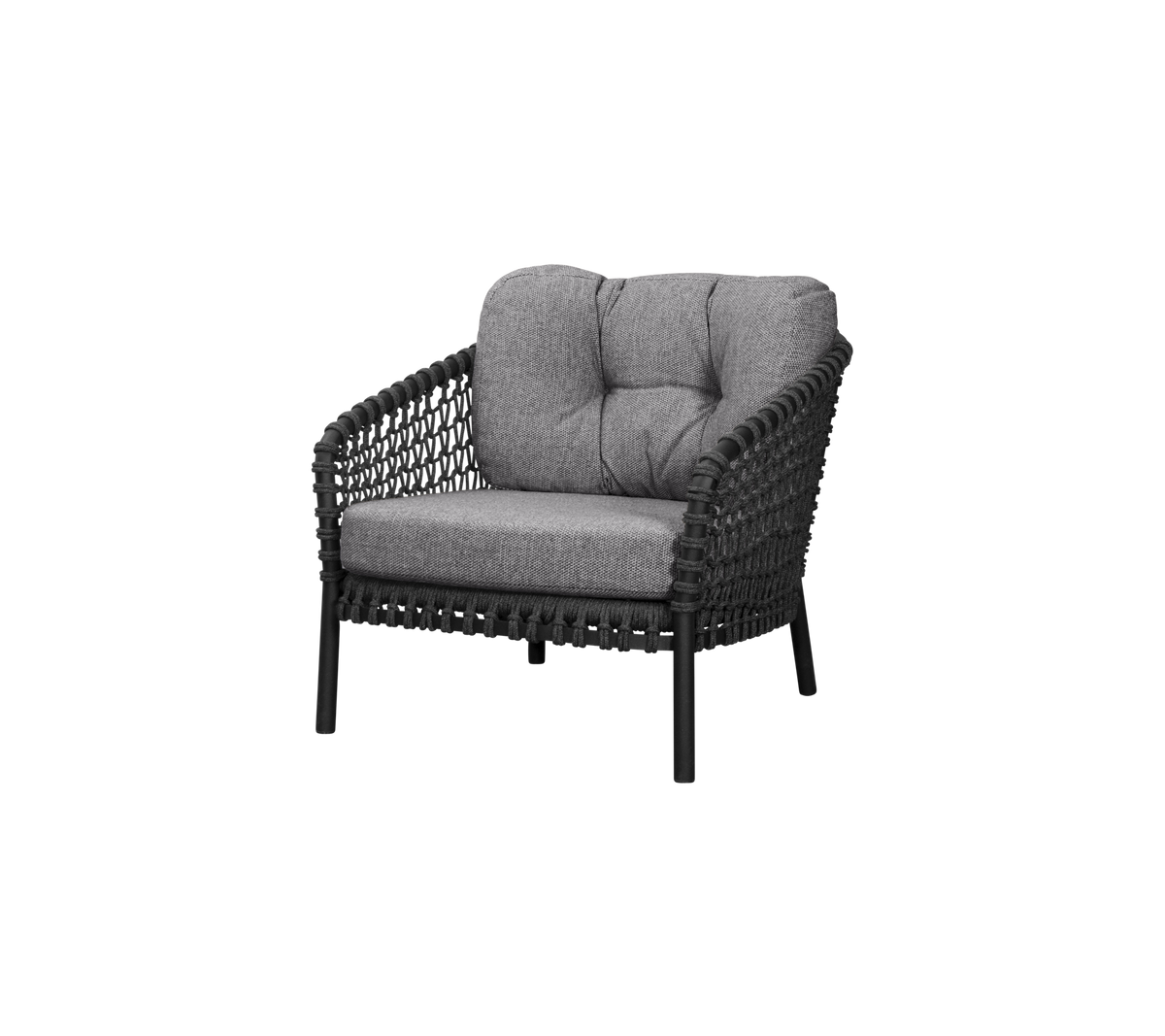 En stilren, svart vävd stol med bekväma gråa tygkuddar, designad för avslappning och modern estetik.