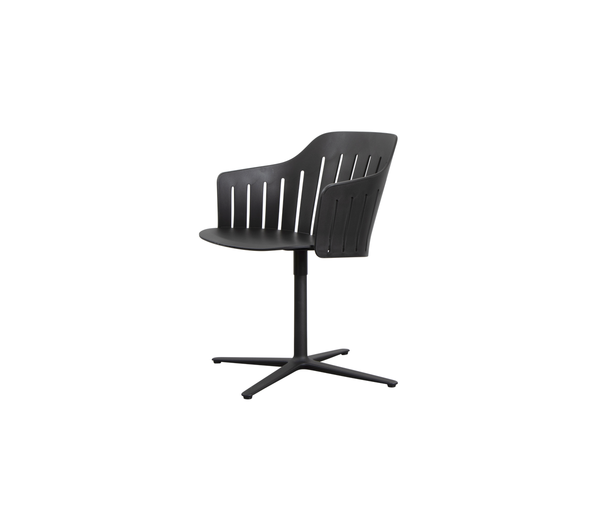 Stilig svart stol med böjd rygg, lameller design och en fyrbent bas för modern sittning.