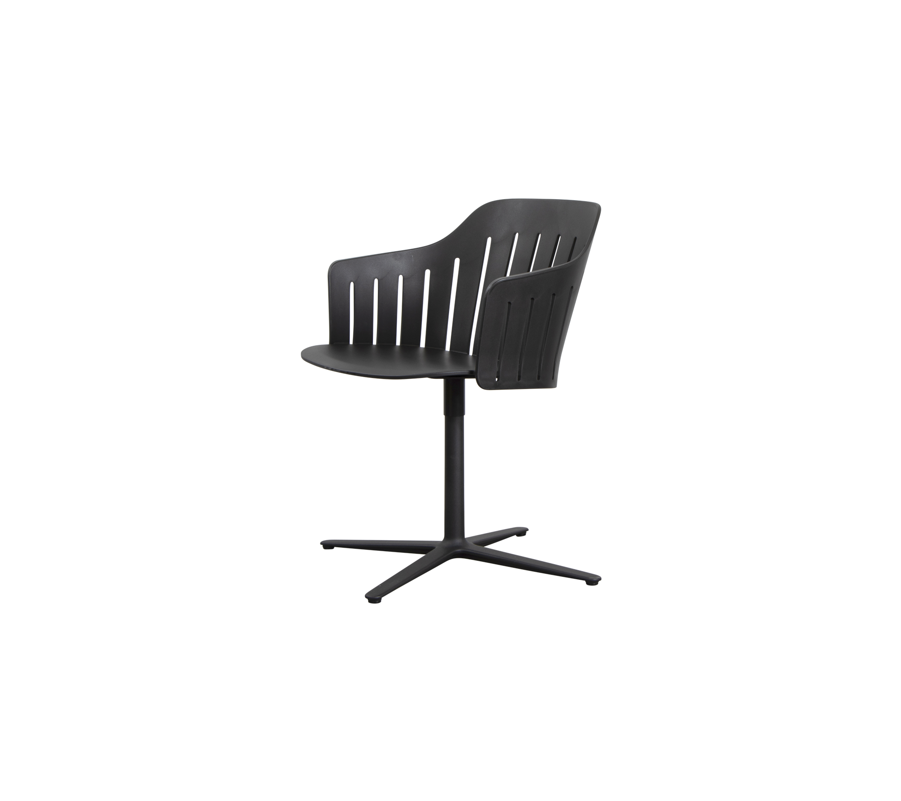 Stilig svart stol med böjd rygg, lameller design och en fyrbent bas för modern sittning.