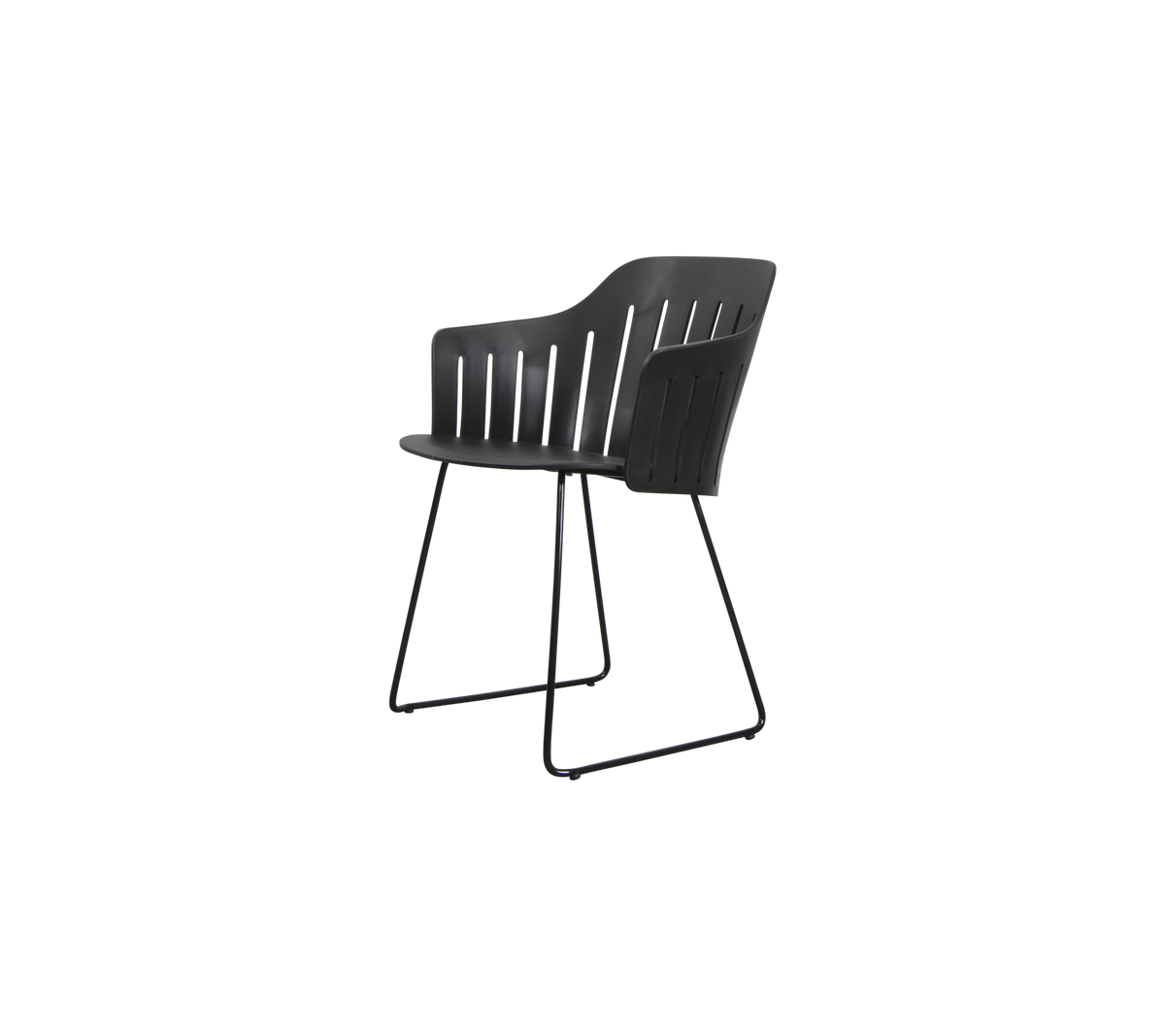 Stilren stol med en slank design, böjd ryggstöd och robusta metallben, idealisk för modern sittplats.