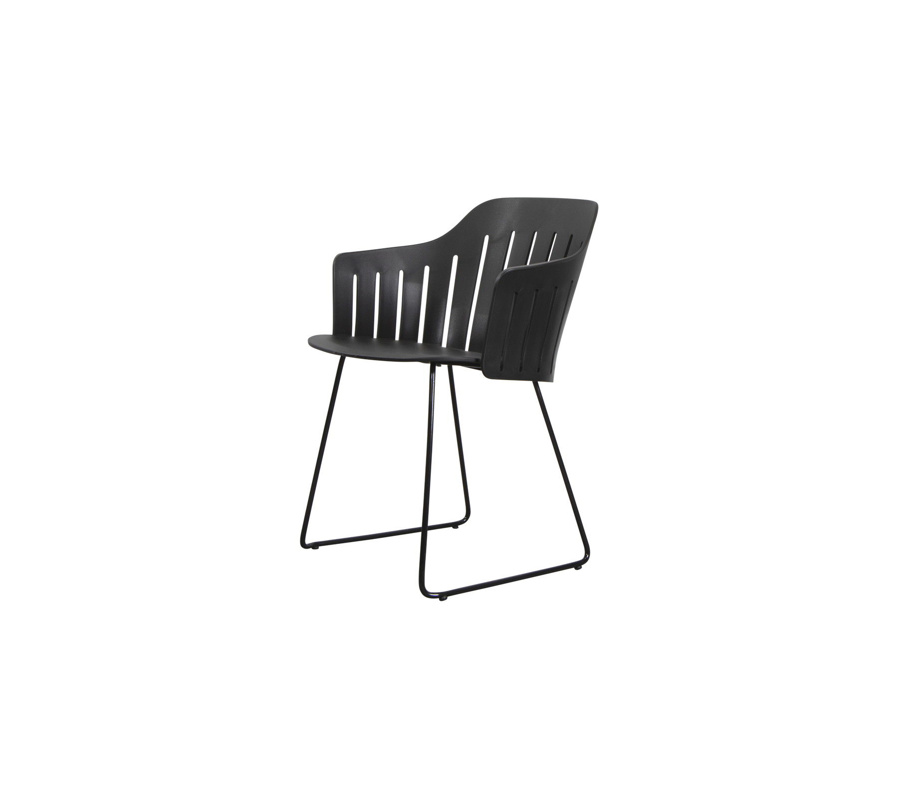 Stilren stol med en slank design, böjd ryggstöd och robusta metallben, idealisk för modern sittplats.