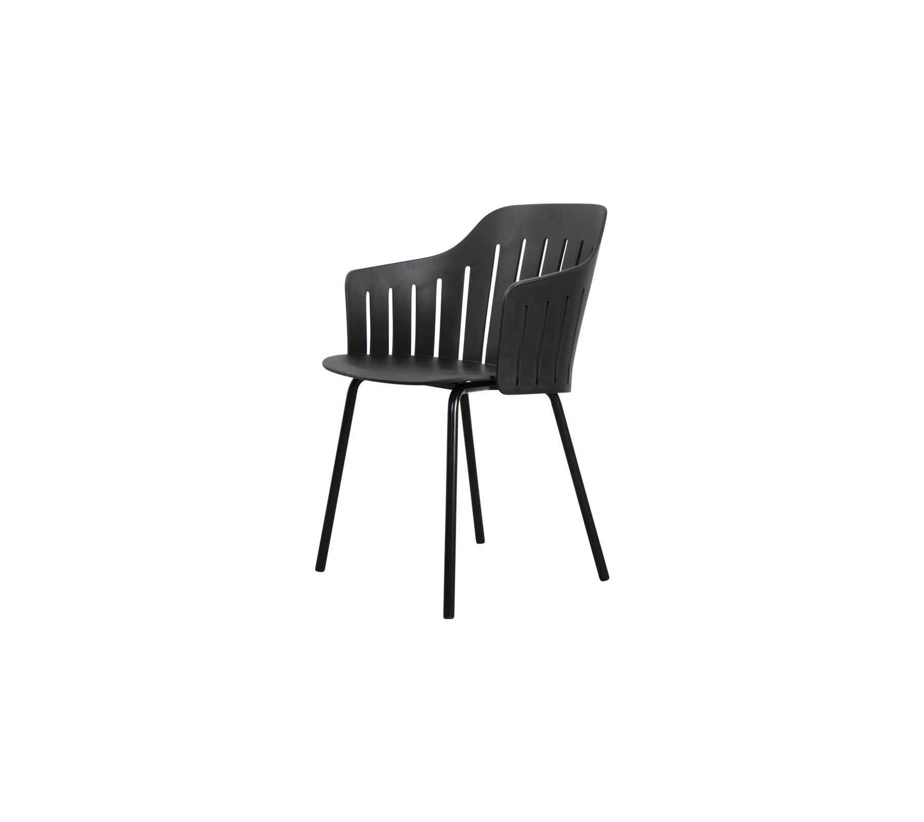 Stilig svart stol med en ribbad ryggdesign, som har hållbara ben för stabilitet och en ergonomisk form för komfort.