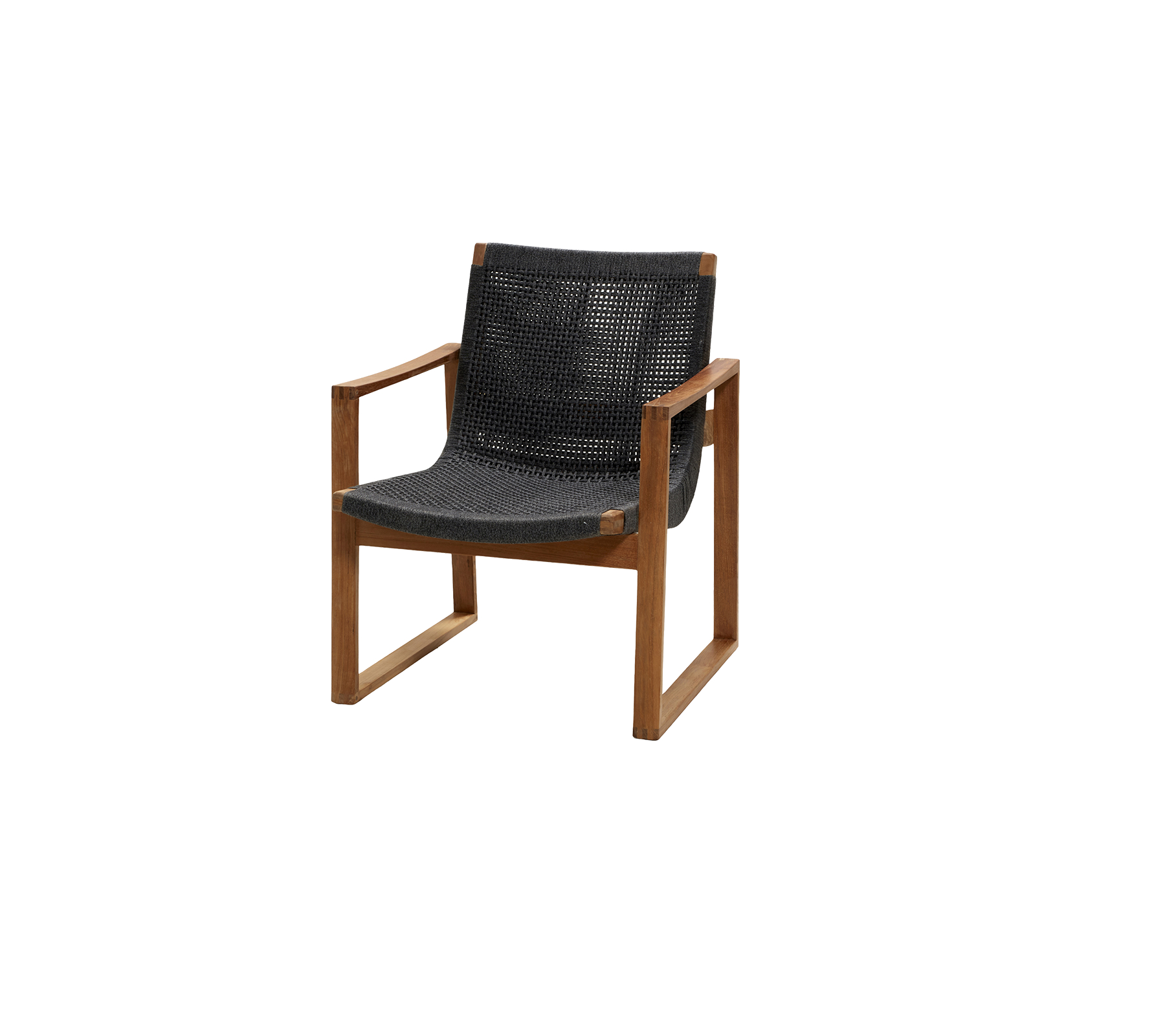 Stilfull stol med en trästötdel och en bekväm sits i mörkt tyg, perfekt för moderna interiörer eller avslappnade miljöer.