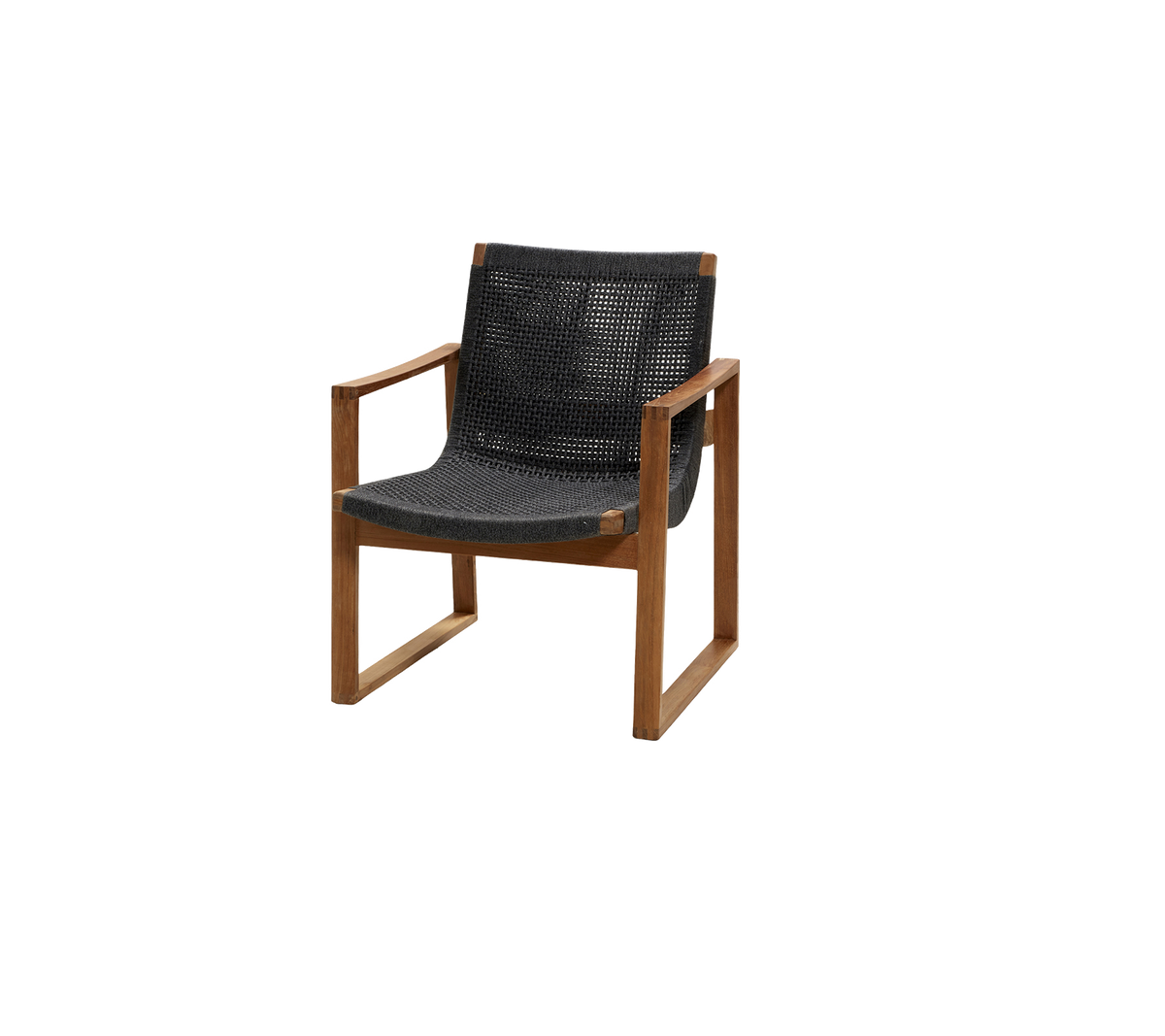 Stilfull stol med en trästötdel och en bekväm sits i mörkt tyg, perfekt för moderna interiörer eller avslappnade miljöer.