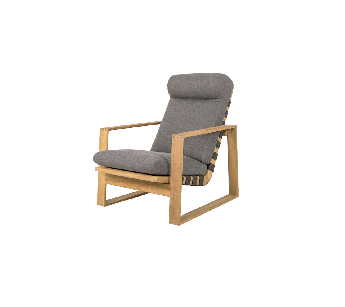 Stilren stol med en trästomme och bekväma grå kuddar, perfekt för avkoppling och modern inredning.
