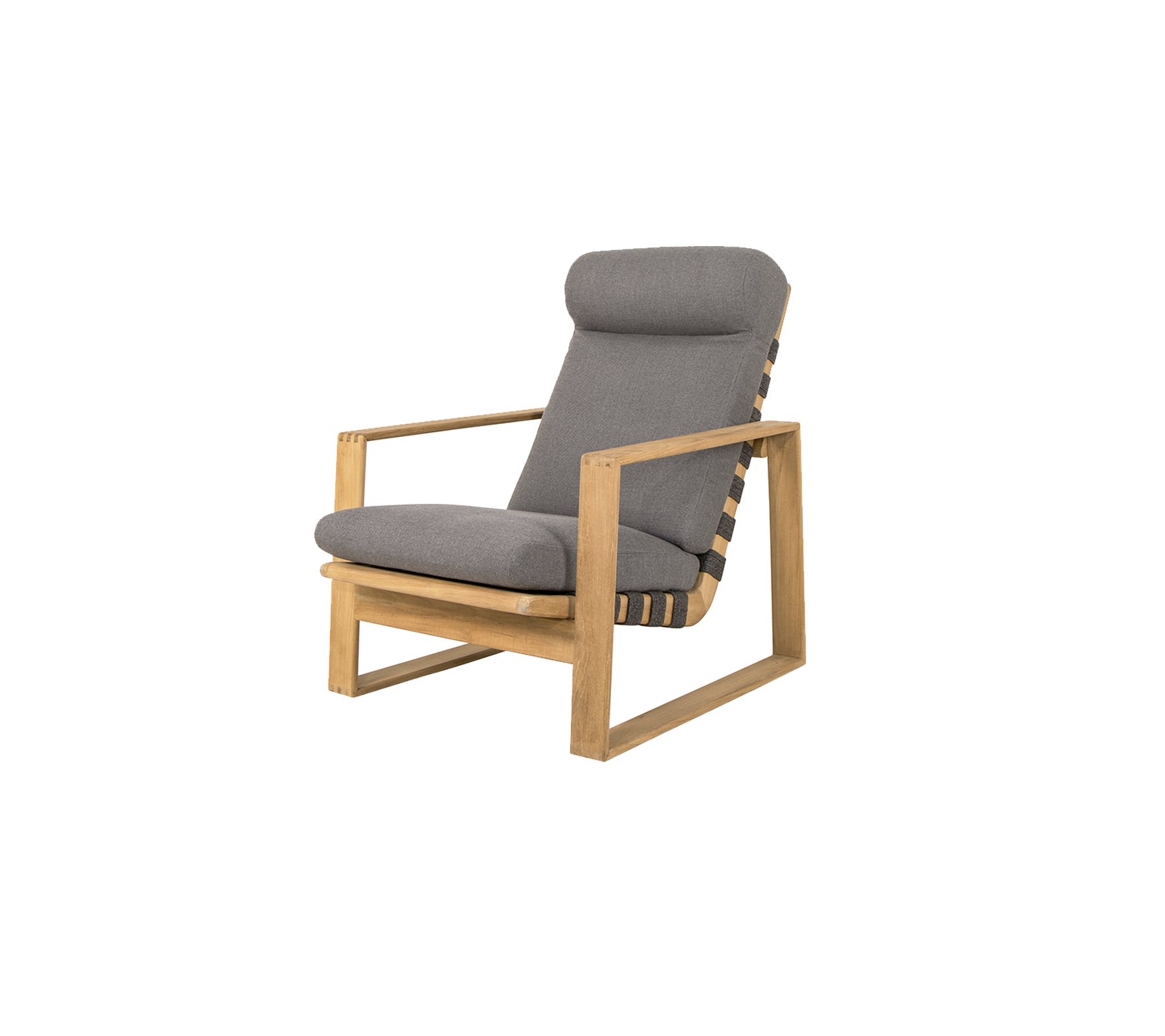 Stilren stol med en trästomme och bekväma grå kuddar, perfekt för avkoppling och modern inredning.