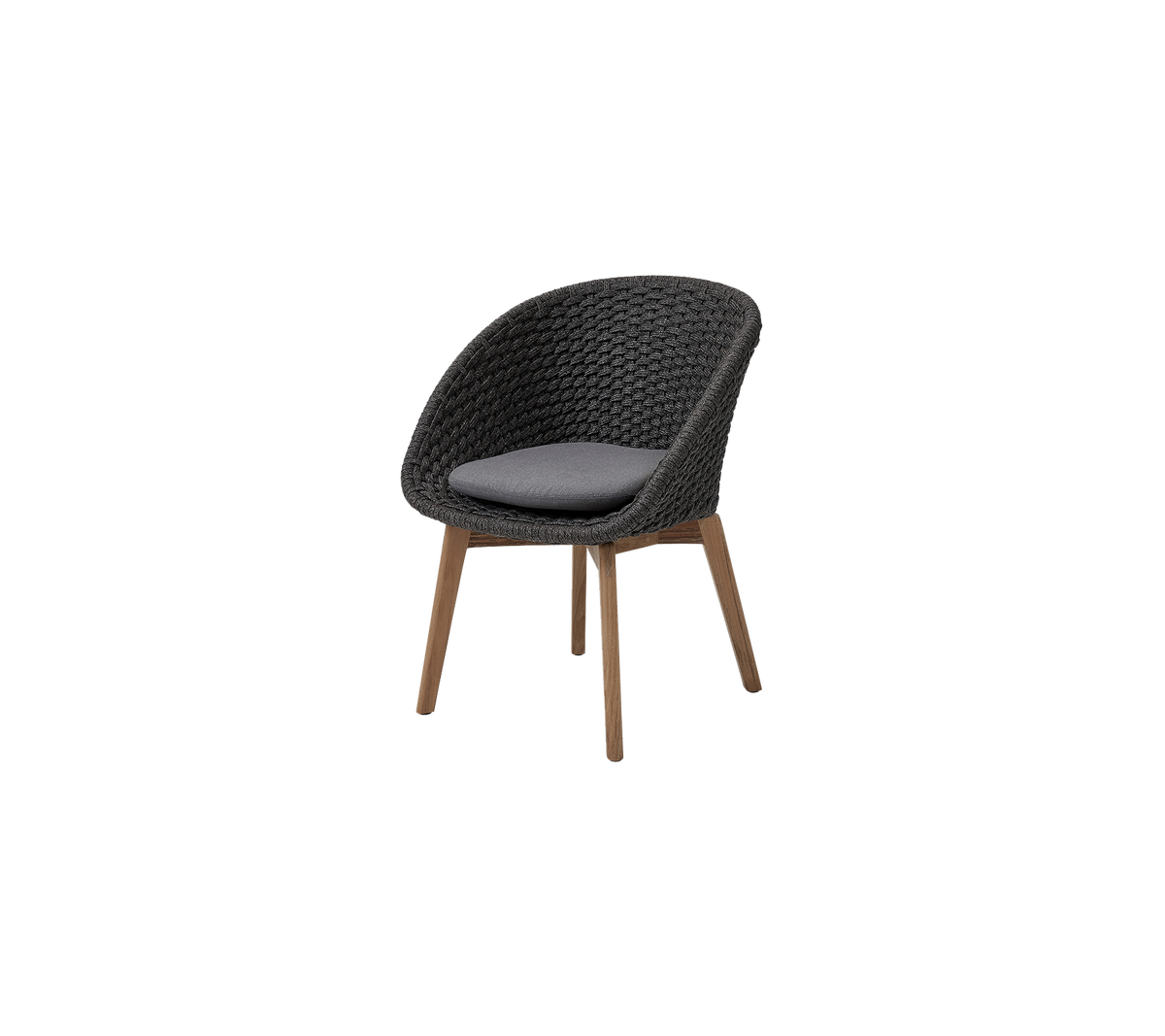 Stilig stol med ett vävt mönster och en vadderad sits, kompleterad med träben för ökad elegans och komfort.