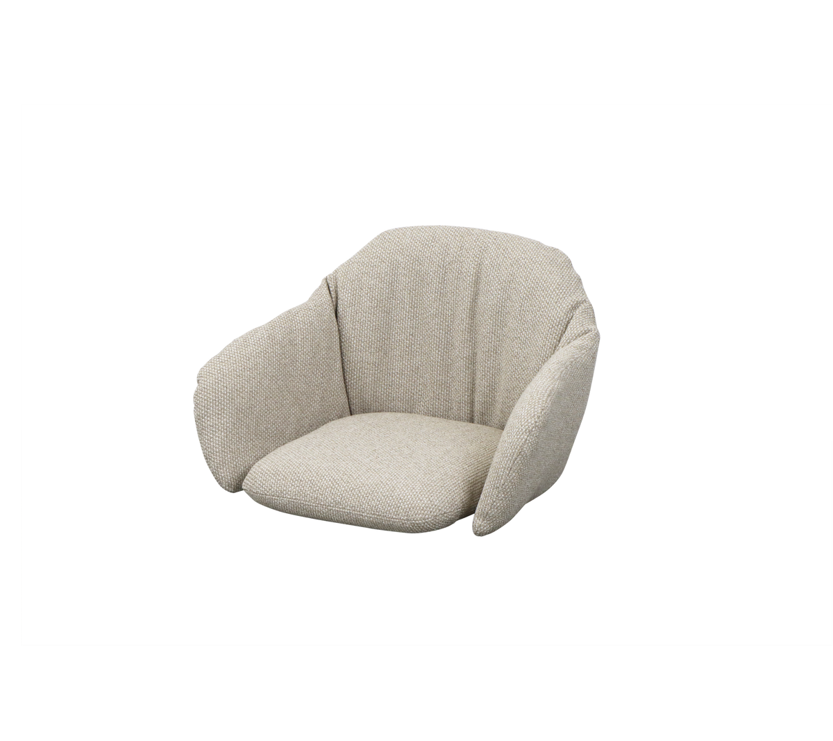 En mysig, modern fåtölj med ett mjukt, texturerat tyg och en stilren, böjd design, perfekt för avslappnad sittande.