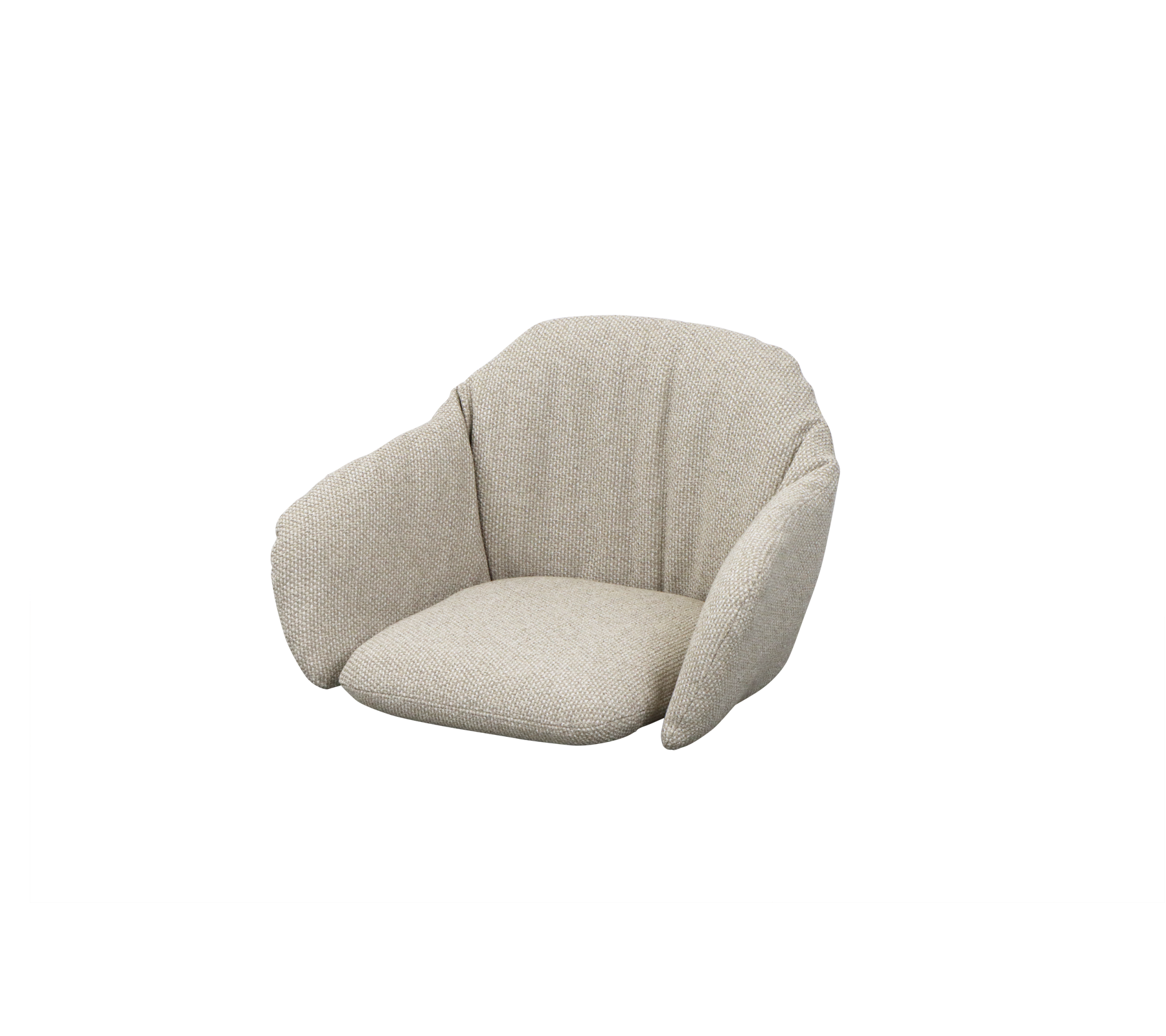 En mysig, modern fåtölj med ett mjukt, texturerat tyg och en stilren, böjd design, perfekt för avslappnad sittande.