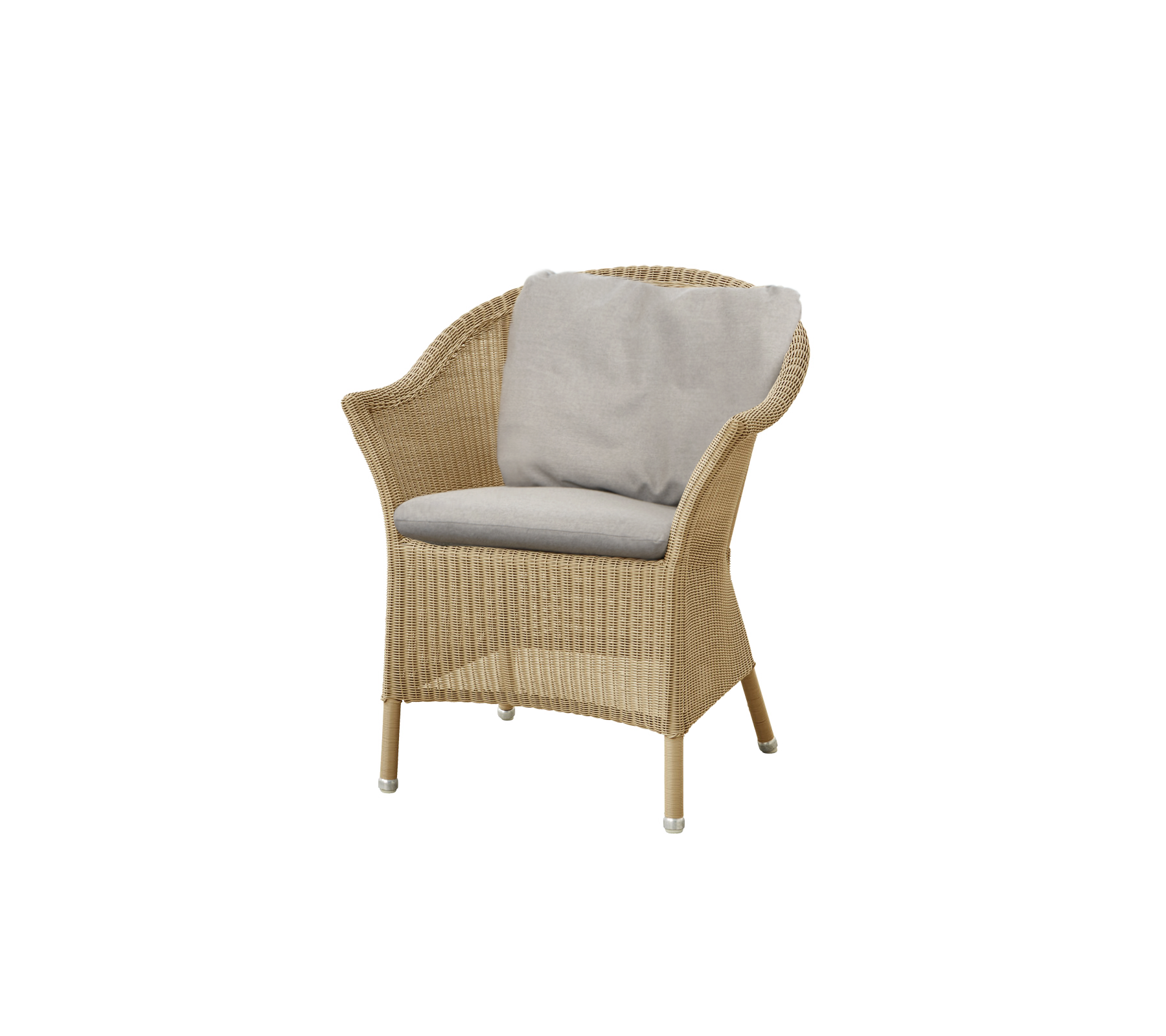 Vävd stol med ett bekvämt grått kudd, med en stilren och lätt design som är lämplig för avslappnat sittande.