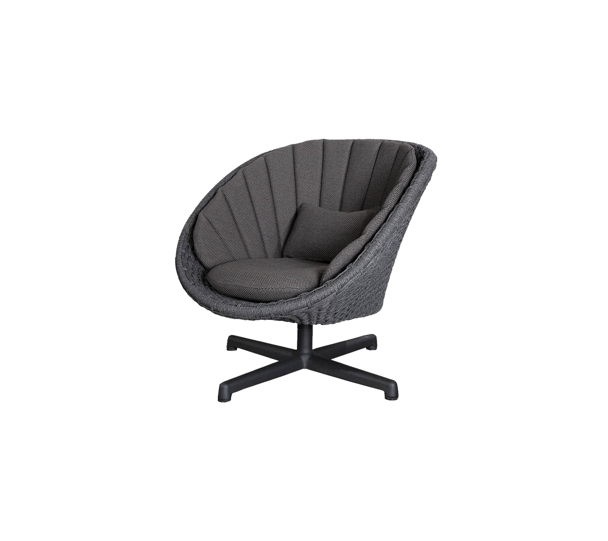 Stilfull samtida stol med rundad design, med texturerat tyg och en mjuk kudde för komfort och stöd.