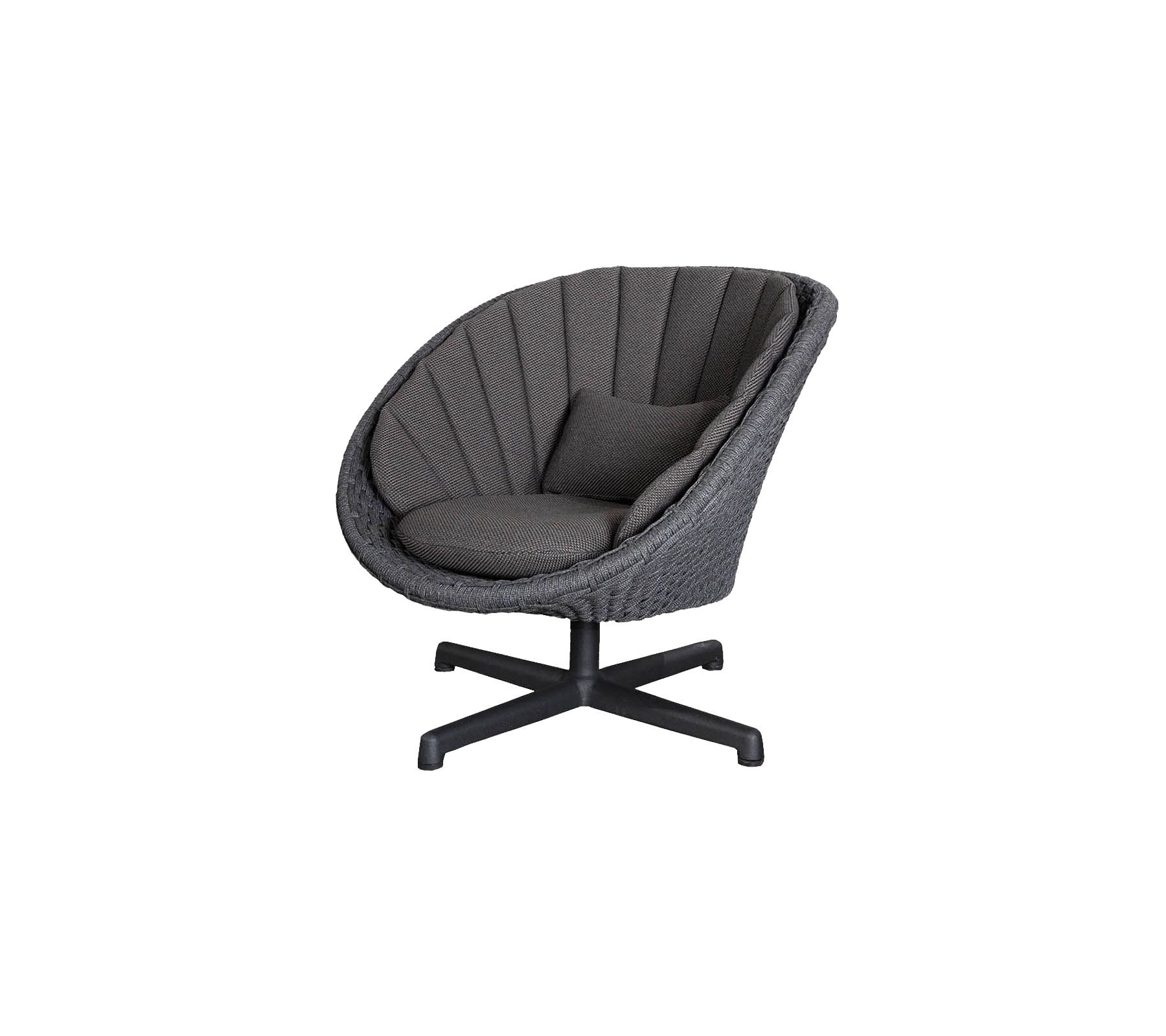 Stilfull samtida stol med rundad design, med texturerat tyg och en mjuk kudde för komfort och stöd.