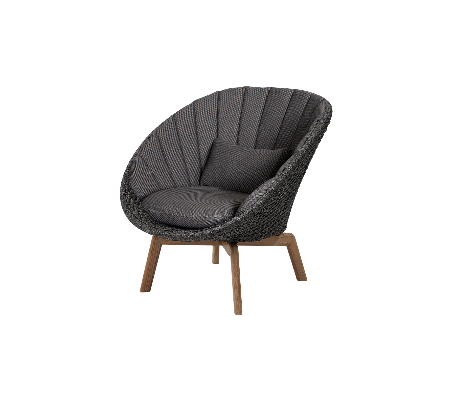 Stilfull cirkulär stol med plyschkuddar och slanka trälägg, med en texturerad klädsel för komfort och elegans.