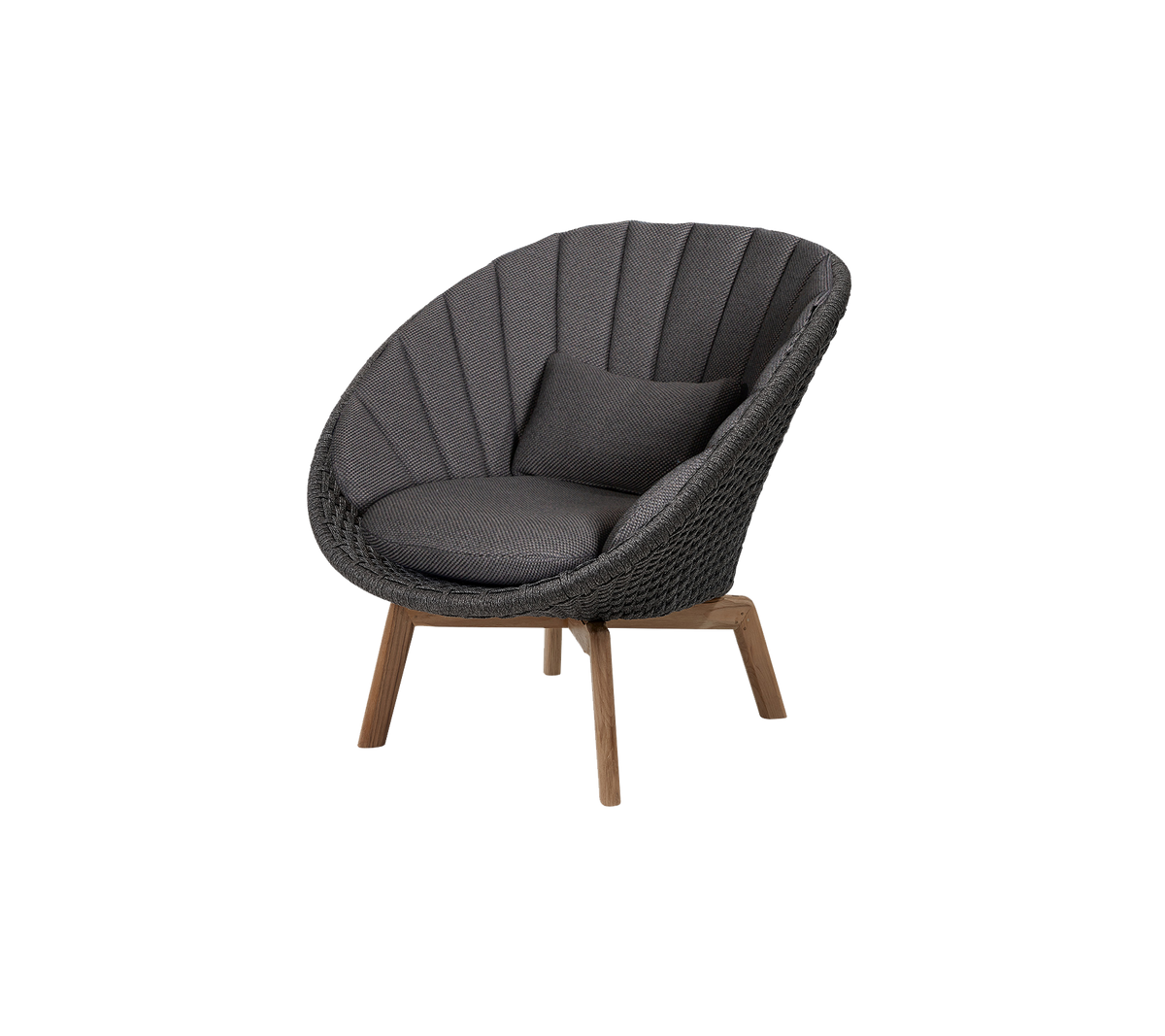 Stilfull cirkulär stol med plyschkuddar och slanka trälägg, med en texturerad klädsel för komfort och elegans.