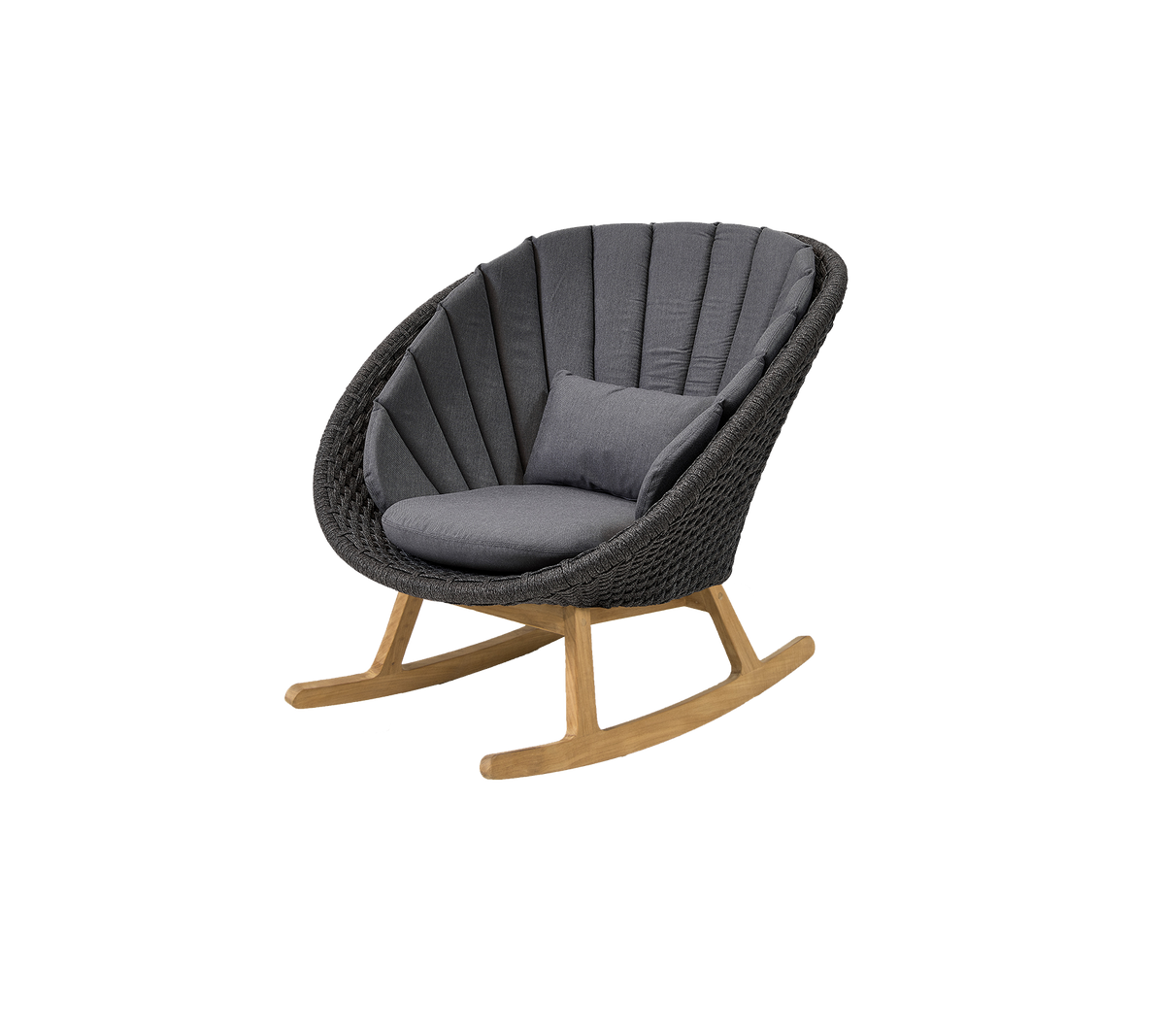 Stilfull gungstol med en böjd design, featuring en bekväm grå kudde och en bas i naturligt trä för en modern touch.