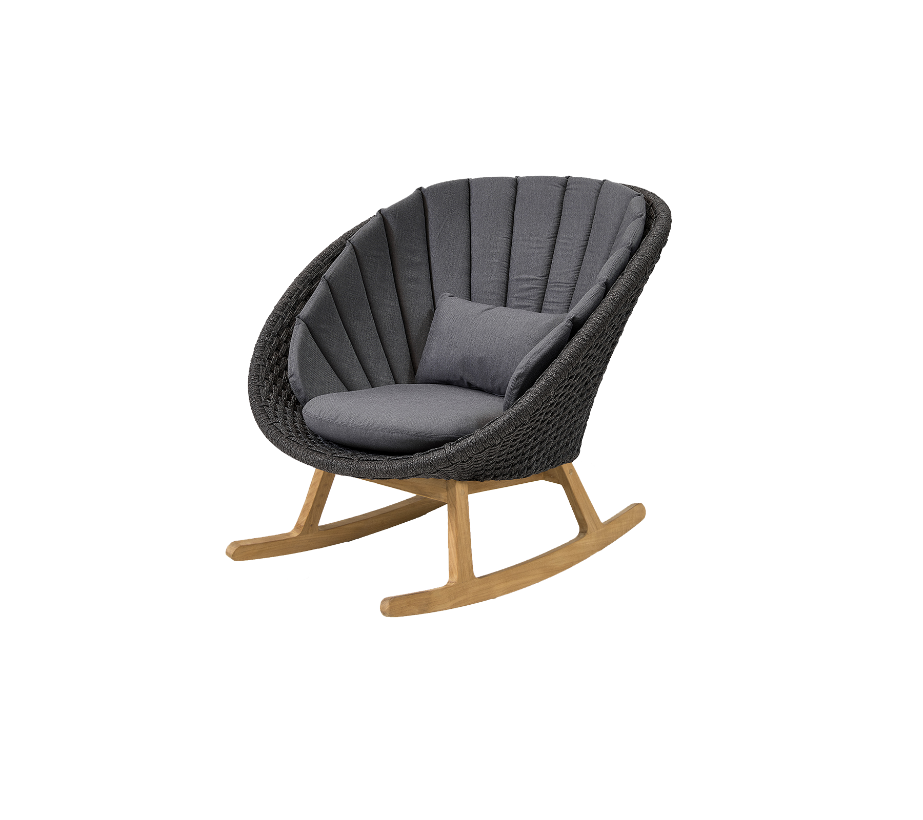 Stilfull gungstol med en böjd design, featuring en bekväm grå kudde och en bas i naturligt trä för en modern touch.