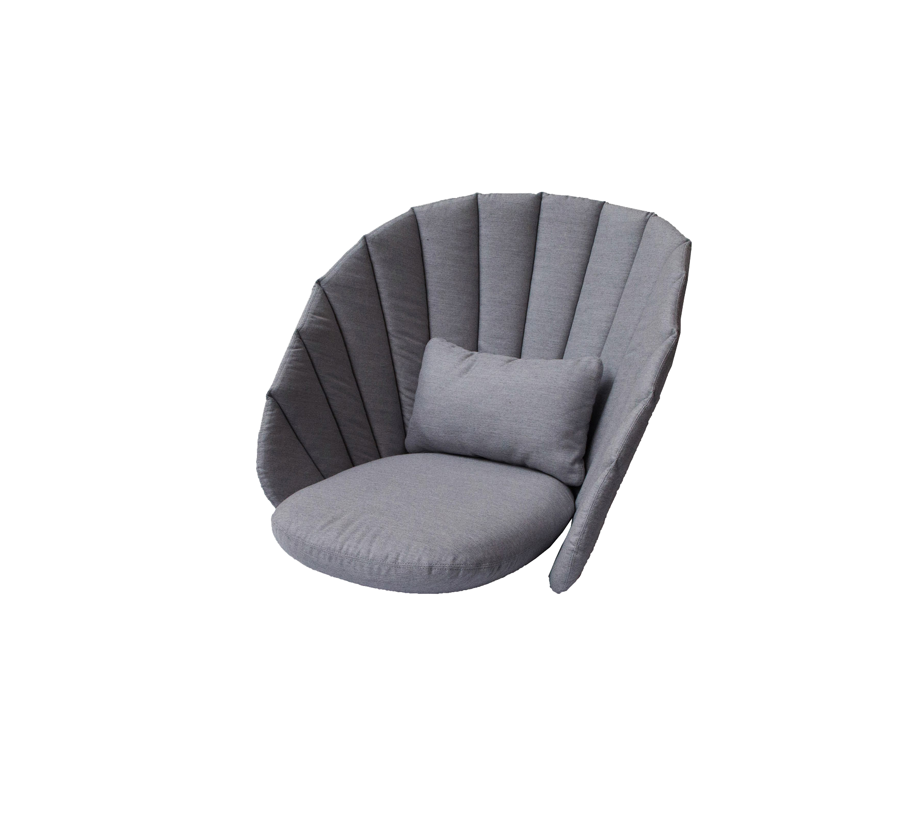 Stilfull grå loungefåtölj med rundad design och en mjuk kudde som erbjuder en mysig sittmöjlighet.