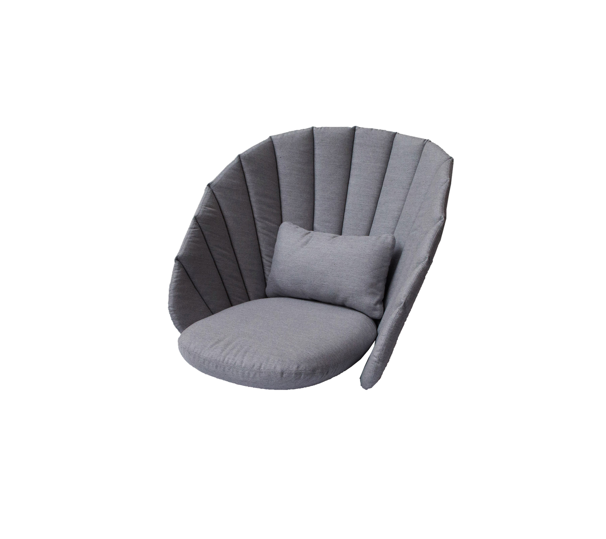 Stilfull grå loungefåtölj med rundad design och en mjuk kudde som erbjuder en mysig sittmöjlighet.