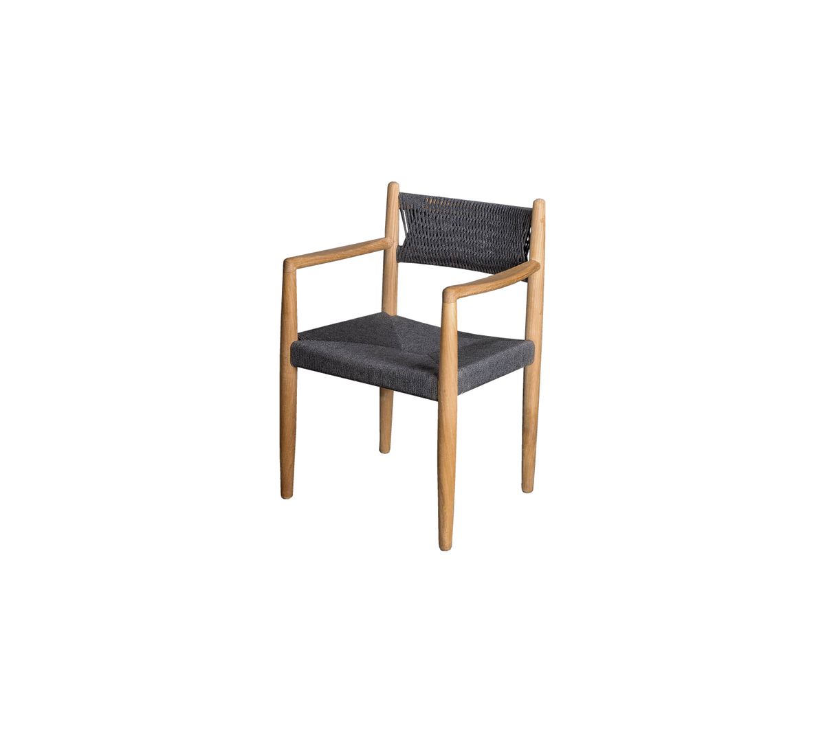 Stilig stol med trästomme och mörk tygklädsel, med armstöd och en modern design.