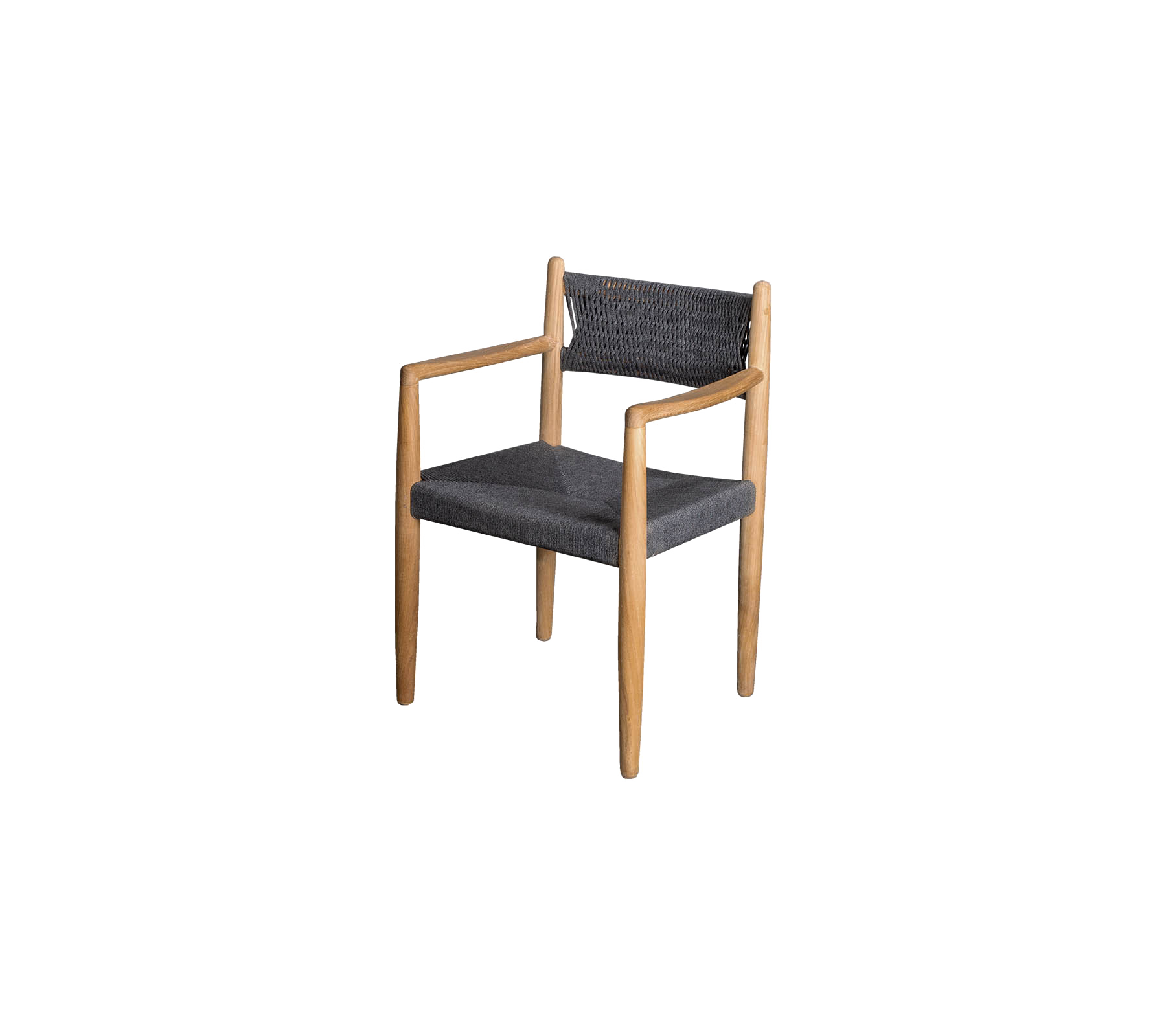 Stilig stol med trästomme och mörk tygklädsel, med armstöd och en modern design.