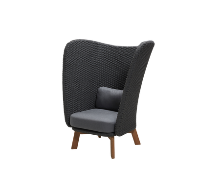 Stilig stol med hög, vävd rygg och bekväm grå kudde, med träben för en modern touch.