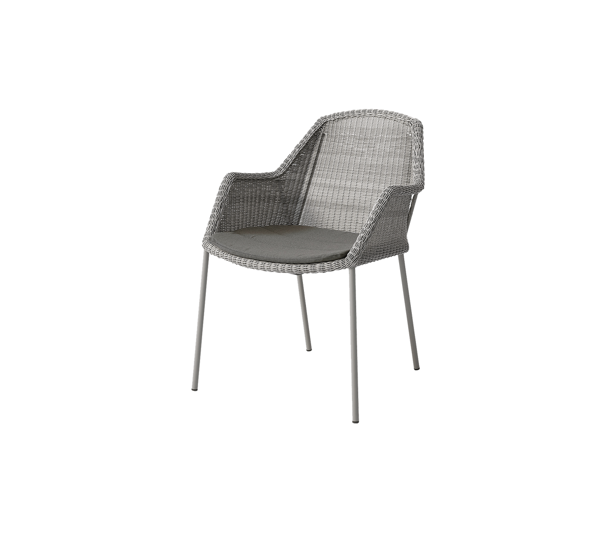 En modern stol med en vävd design och en vadderad sits, stödd av slanka metallben i en neutral grå nyans.