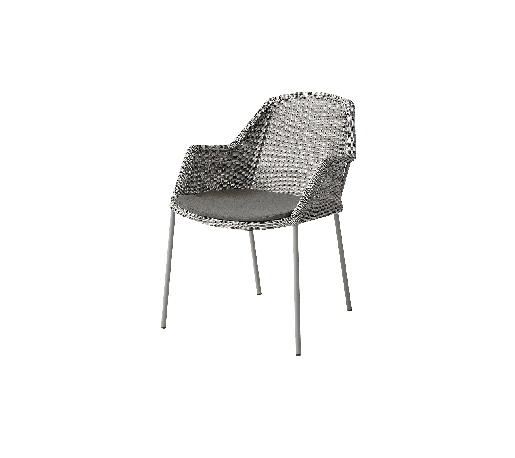 En modern stol med en vävd design och en vadderad sits, stödd av slanka metallben i en neutral grå nyans.