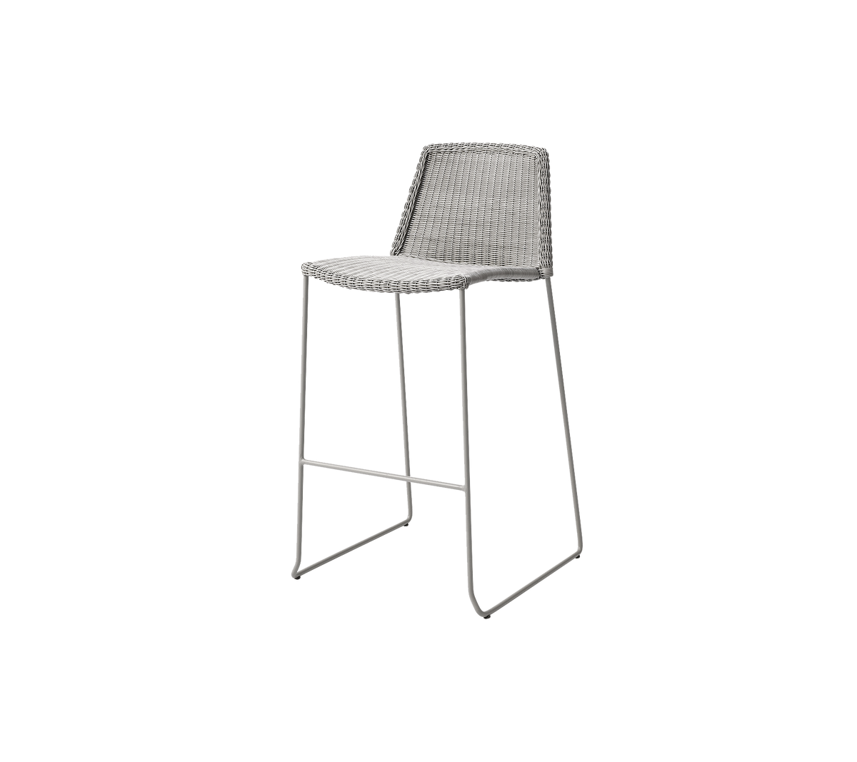 Stilig barstol med en slank design, med ett vävt säte och smala metallben för modern estetik.