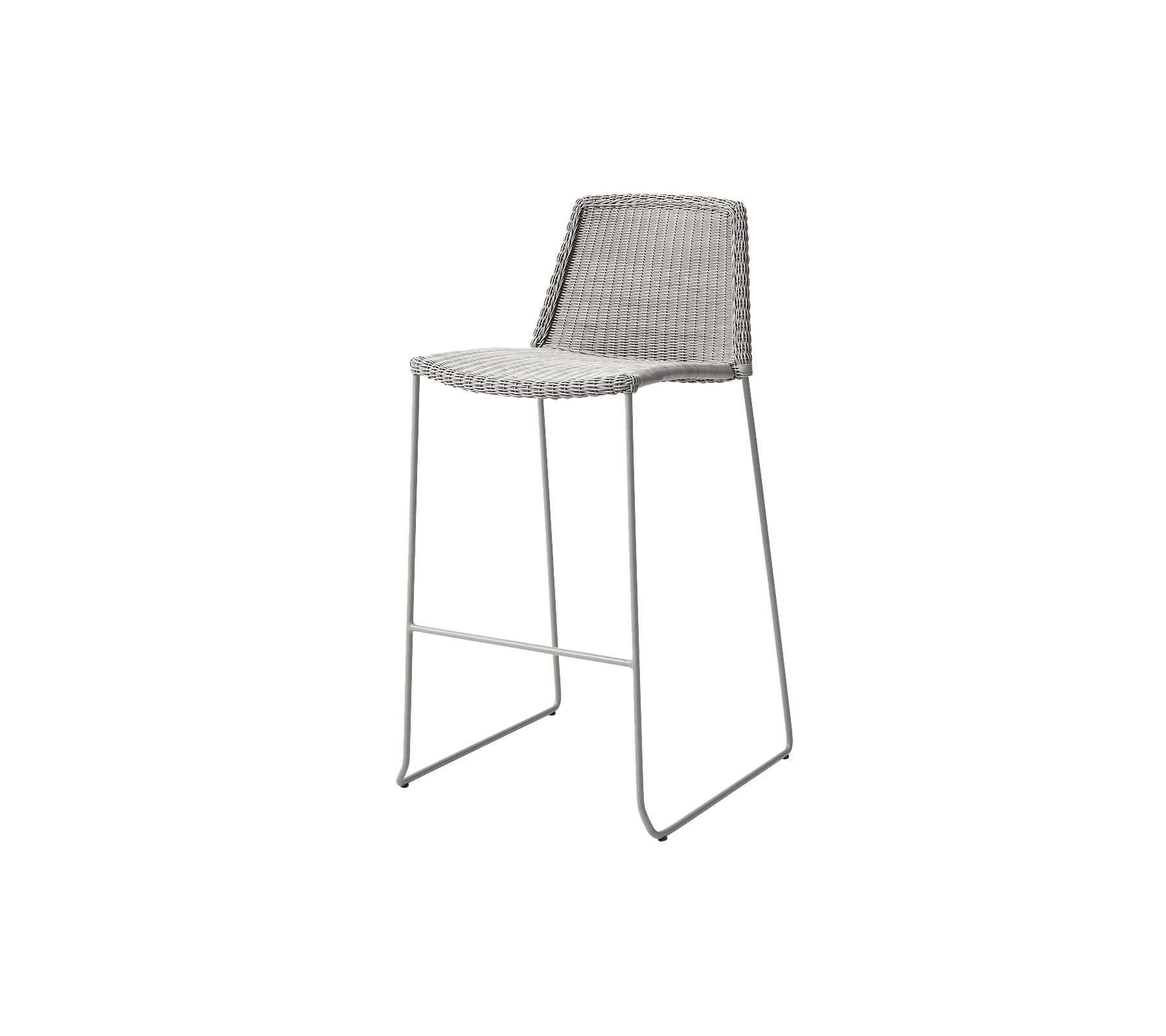 Stilig barstol med en slank design, med ett vävt säte och smala metallben för modern estetik.