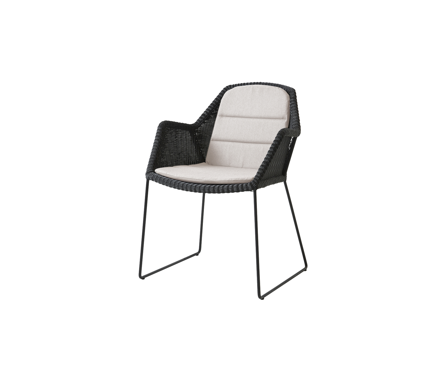 Stilfull stol med en svart vävd design och ljus stoppad sittdyna, perfekt för modern inredning.