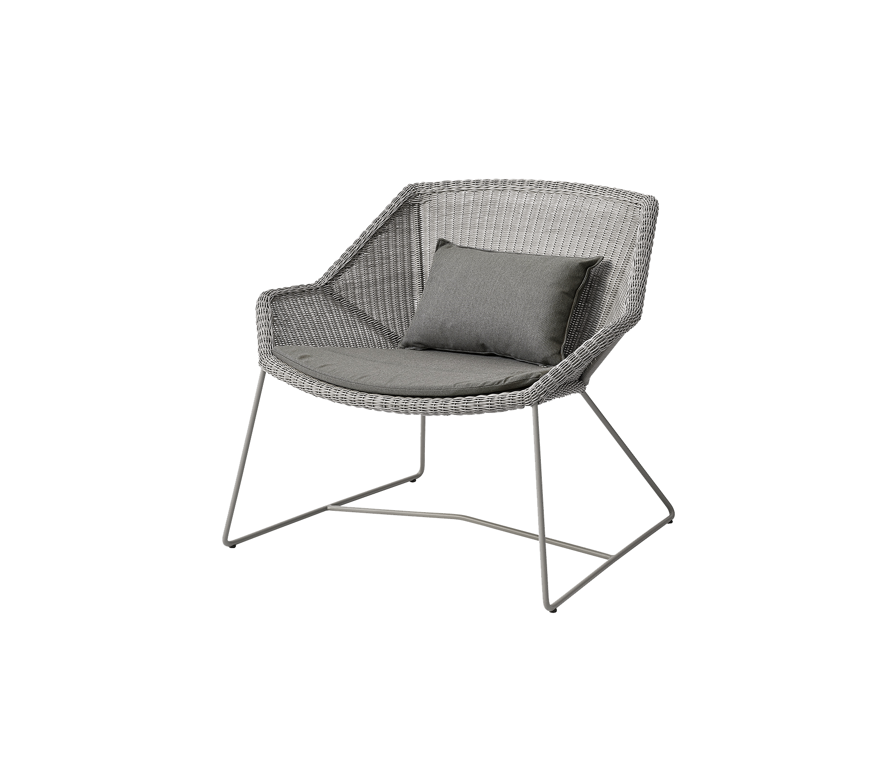 Stilren stol med en grå vävd design och en bekväm grå kudde, med slanka metallben för modern attraktion.