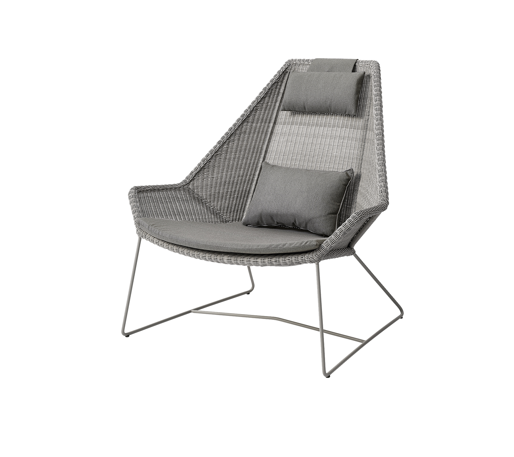 Stilig stol med en elegant vävd design och bekväma grå kuddar, perfekt för moderna utrymmen.