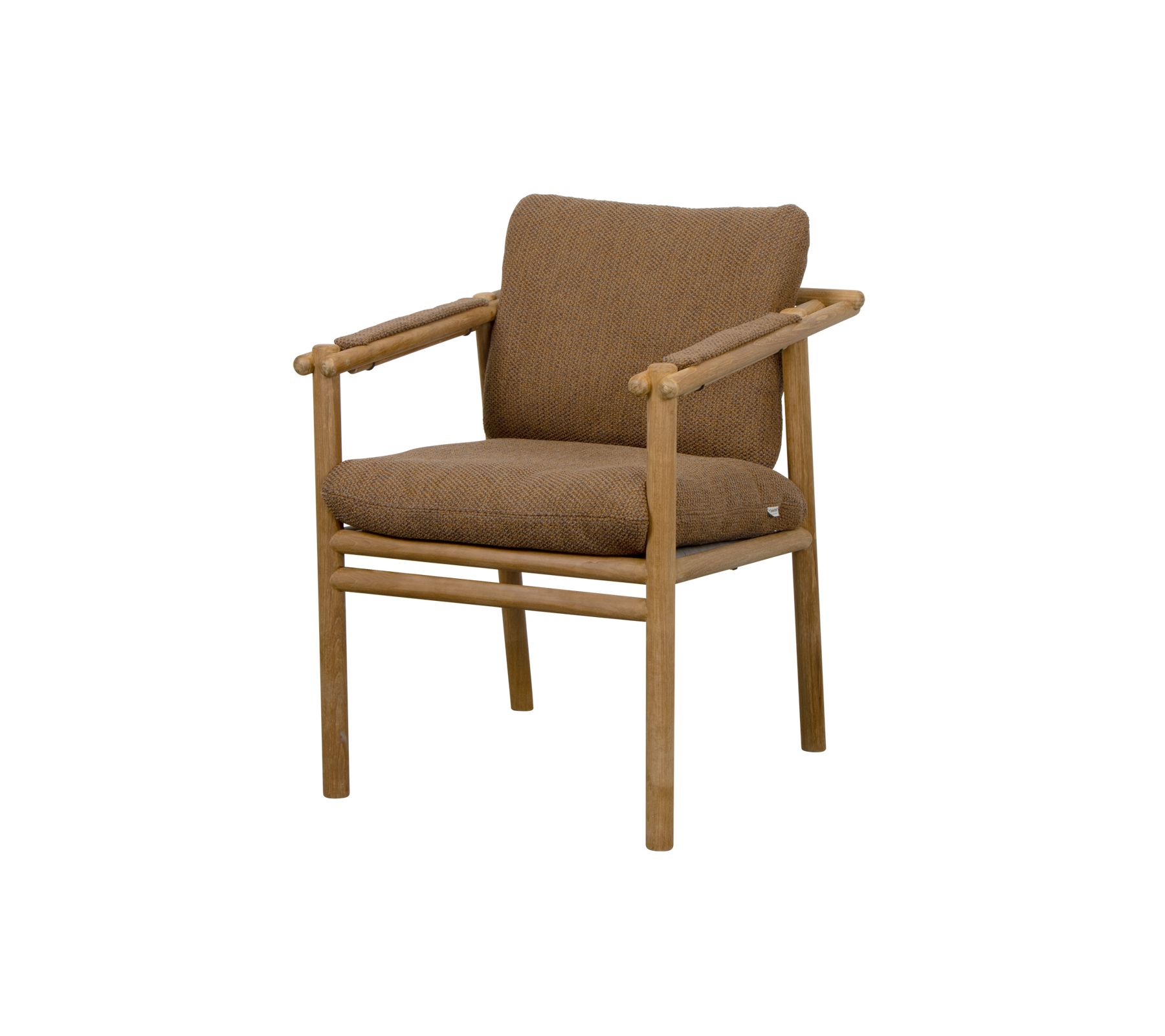 Brun klädd stol med träarmstöd och minimalistisk design, lämplig för olika miljöer.