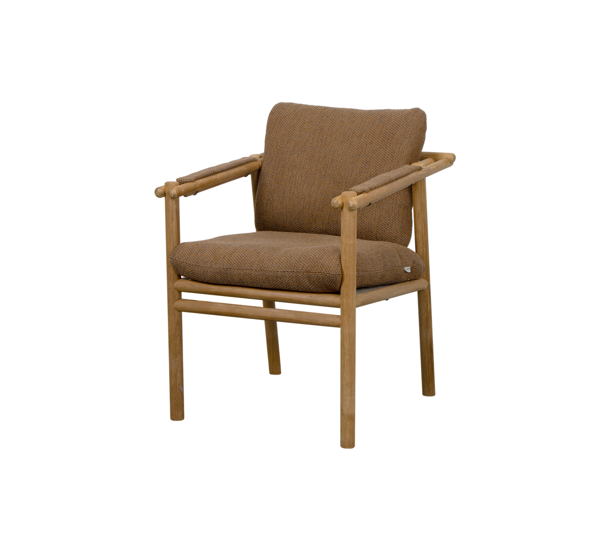 Brun klädd stol med träarmstöd och minimalistisk design, lämplig för olika miljöer.