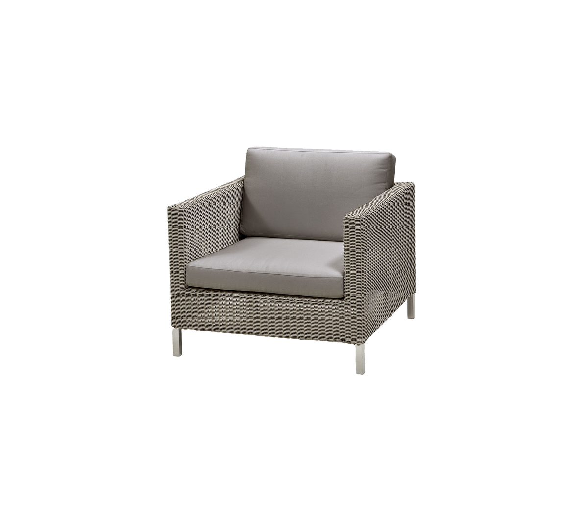 Stilig, modern stol med en vävd design och ett bekvämt grått kuddar, perfekt för avkoppling och utomhus sittande.