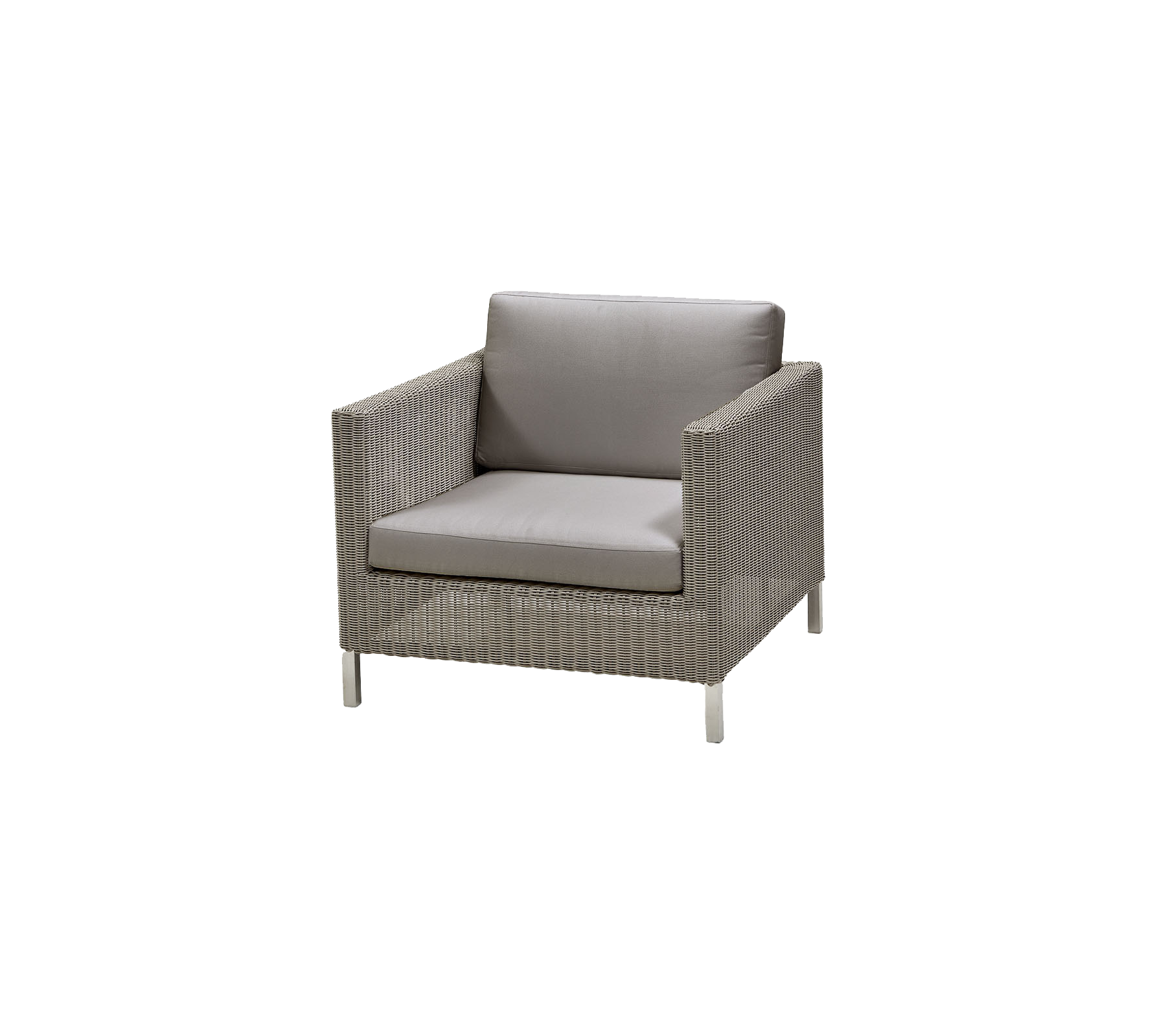 Stilig, modern stol med en vävd design och ett bekvämt grått kuddar, perfekt för avkoppling och utomhus sittande.