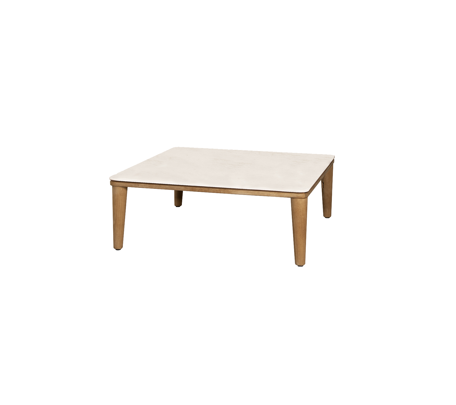 Fyrkantigt bord med en ljus överdel och ben av trä, som erbjuder en minimalistisk design lämplig för olika miljöer.