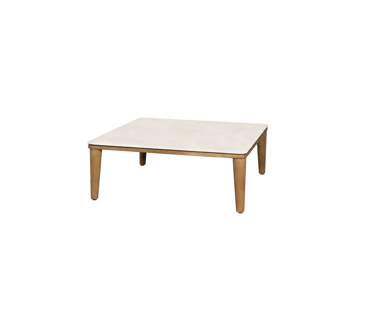 Fyrkantigt bord med en ljus överdel och ben av trä, som erbjuder en minimalistisk design lämplig för olika miljöer.