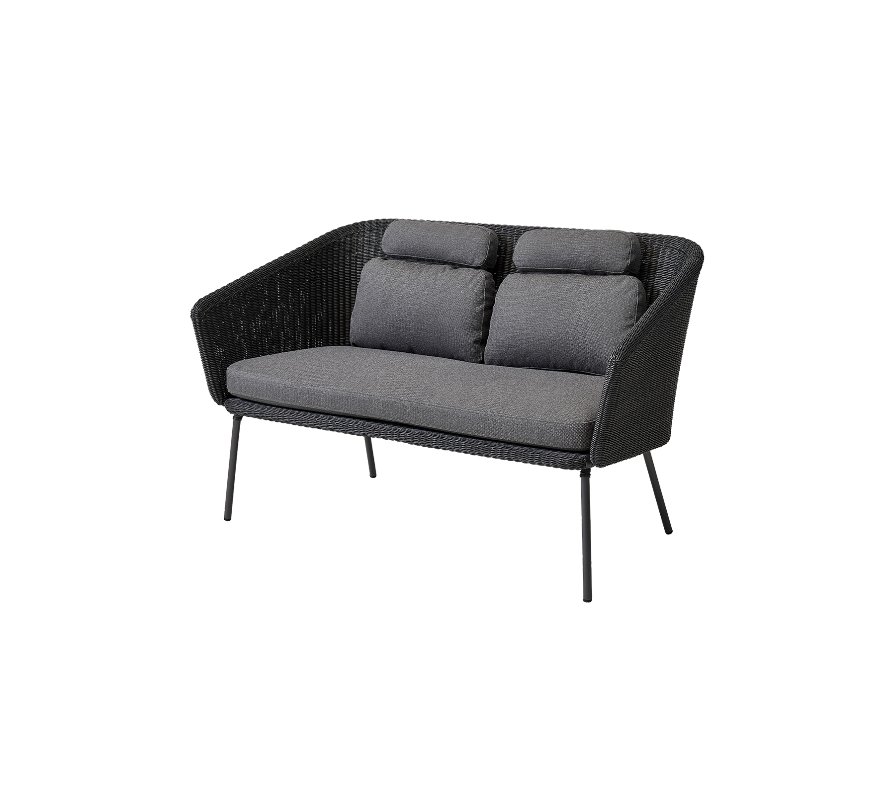 Stilsoff lite-soffa med vävd design och mjuka grå kuddar, perfekt för modern inredning.