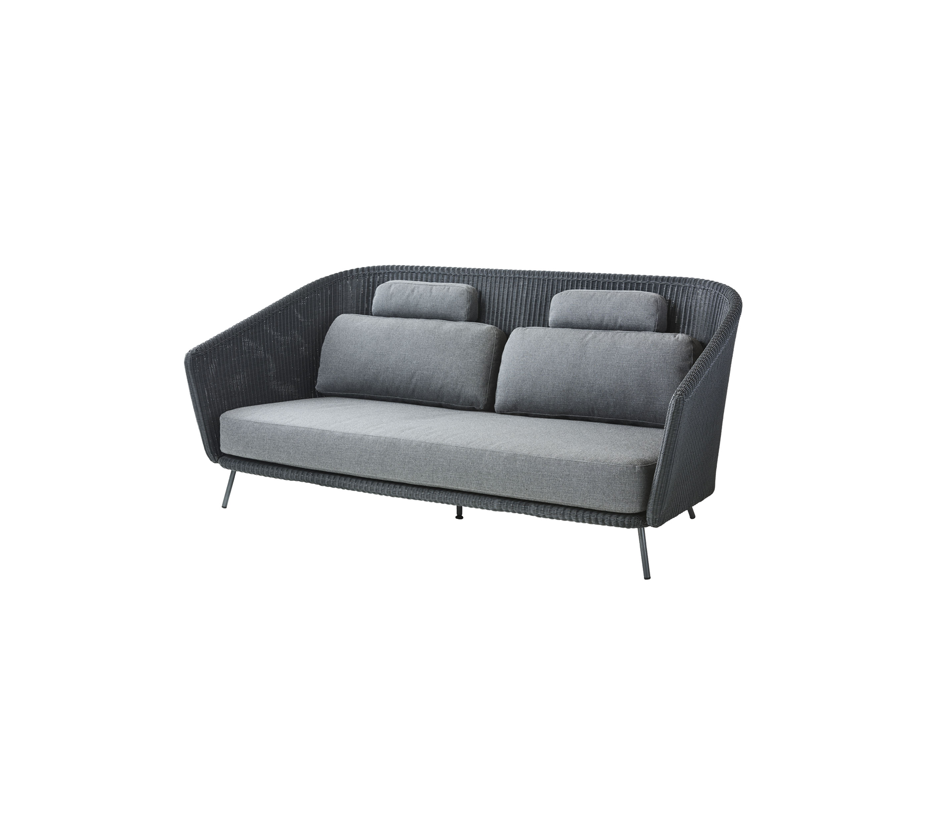 Stilfull tvåfärgad gråsoffa med plyschkuddar och en modern, rundad form, perfekt för samtida vardagsrum.