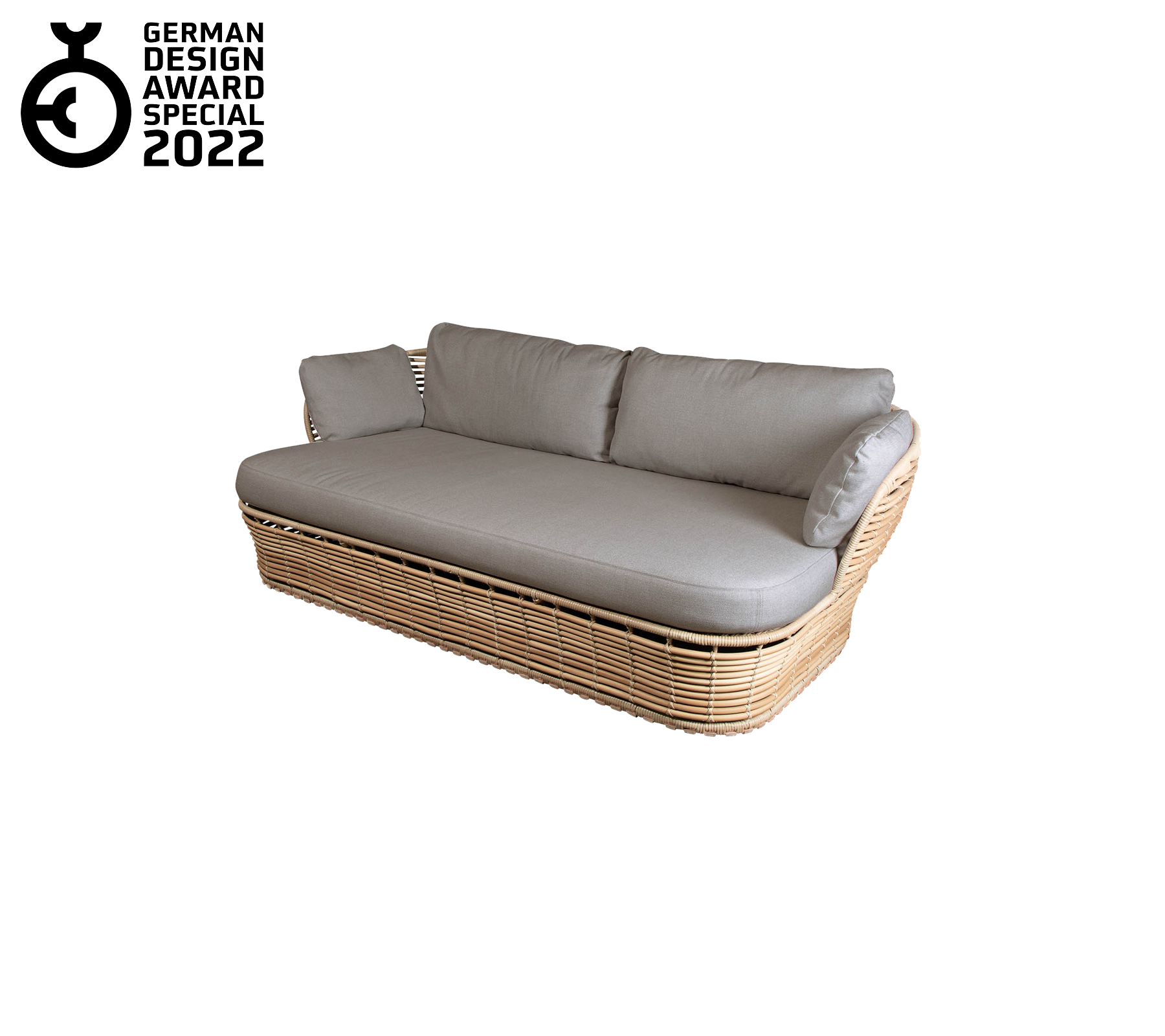Nutida soffa med vävd bas och mjuka grå kuddar, med en slank design och elegant estetik. Tilldelad 2022.