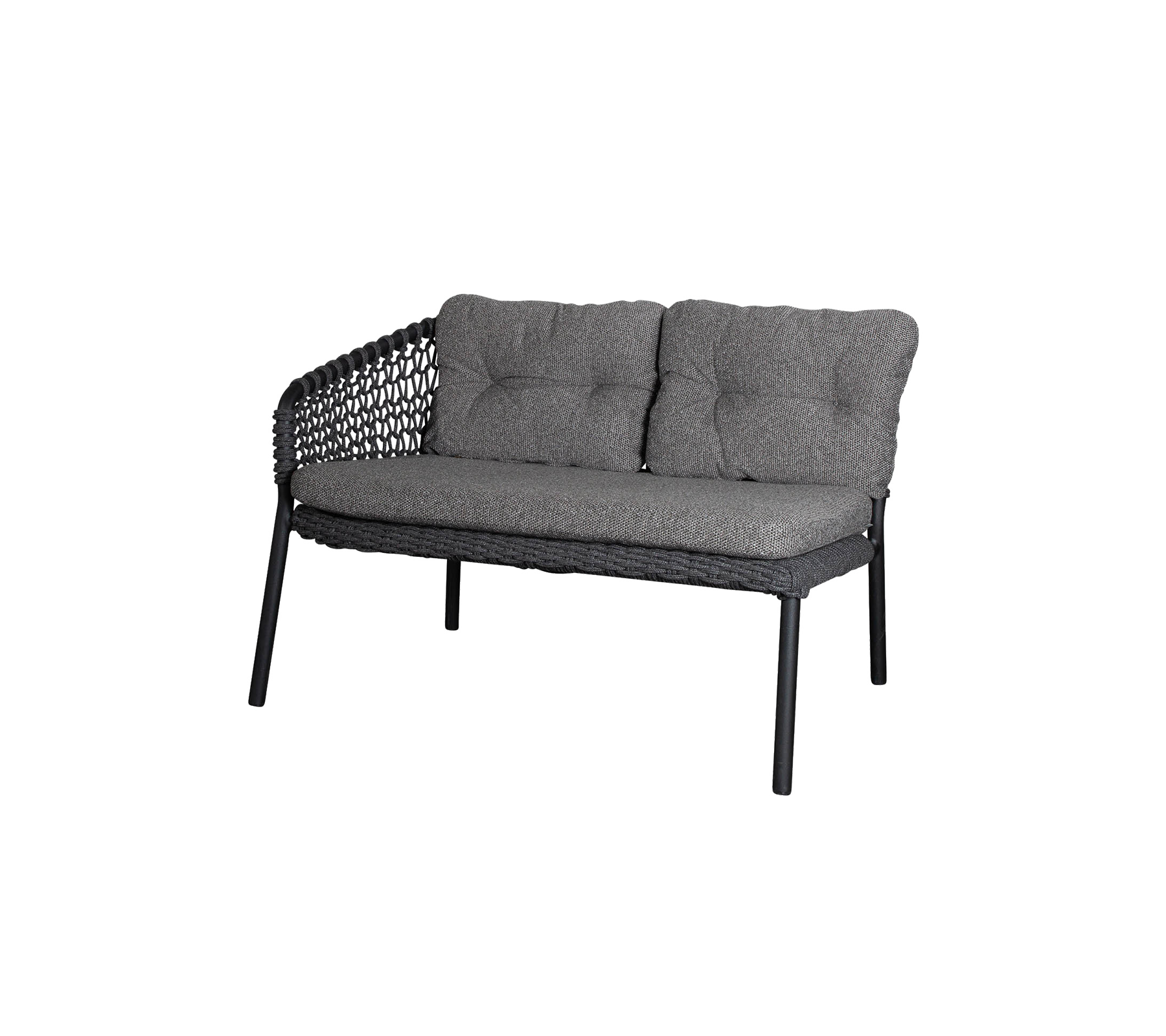 Tvåsitssoffa med grå sittkudde och en stilren vävd rygg, designad för komfort och modern estetik.