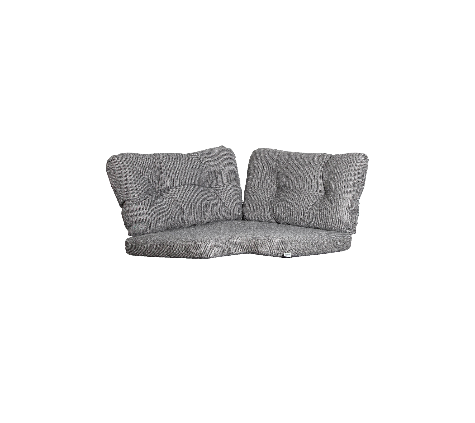 Grå tvåsitssoffa med mjuka kuddar, som har en modern design och en böjd form för komfort och stil.
