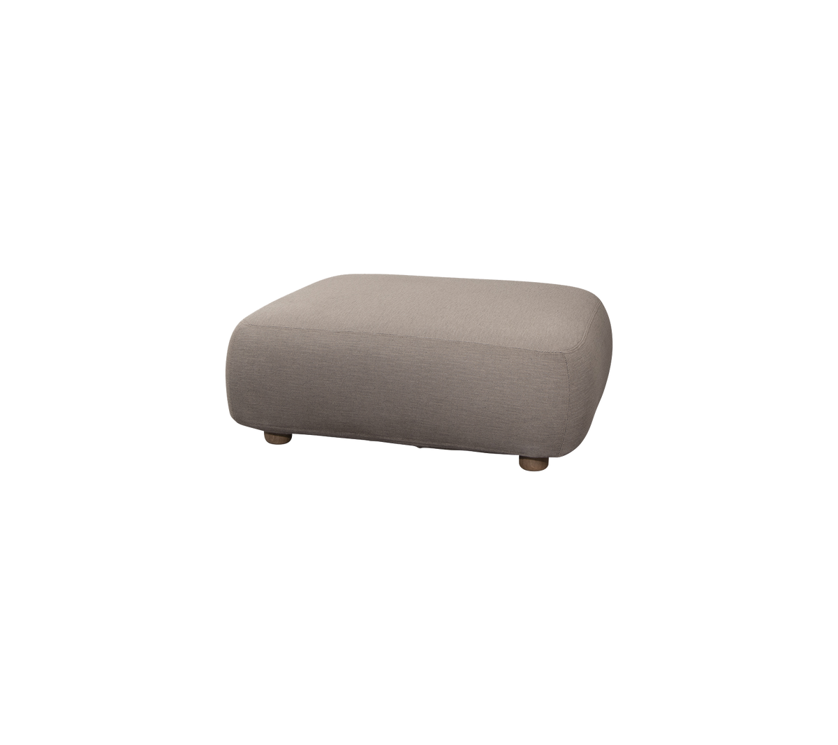 Mjuk, rektangulär puff i en neutral ton med rundade kanter och träben, perfekt för extra sittplatser eller som fotstöd.
