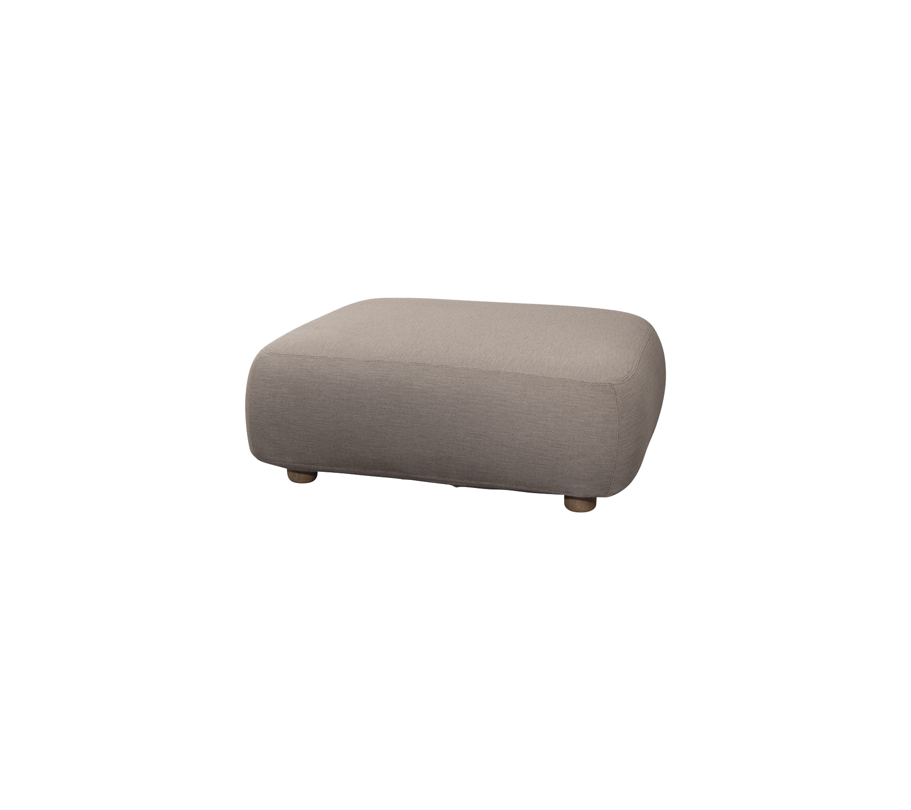 Mjuk, rektangulär puff i en neutral ton med rundade kanter och träben, perfekt för extra sittplatser eller som fotstöd.