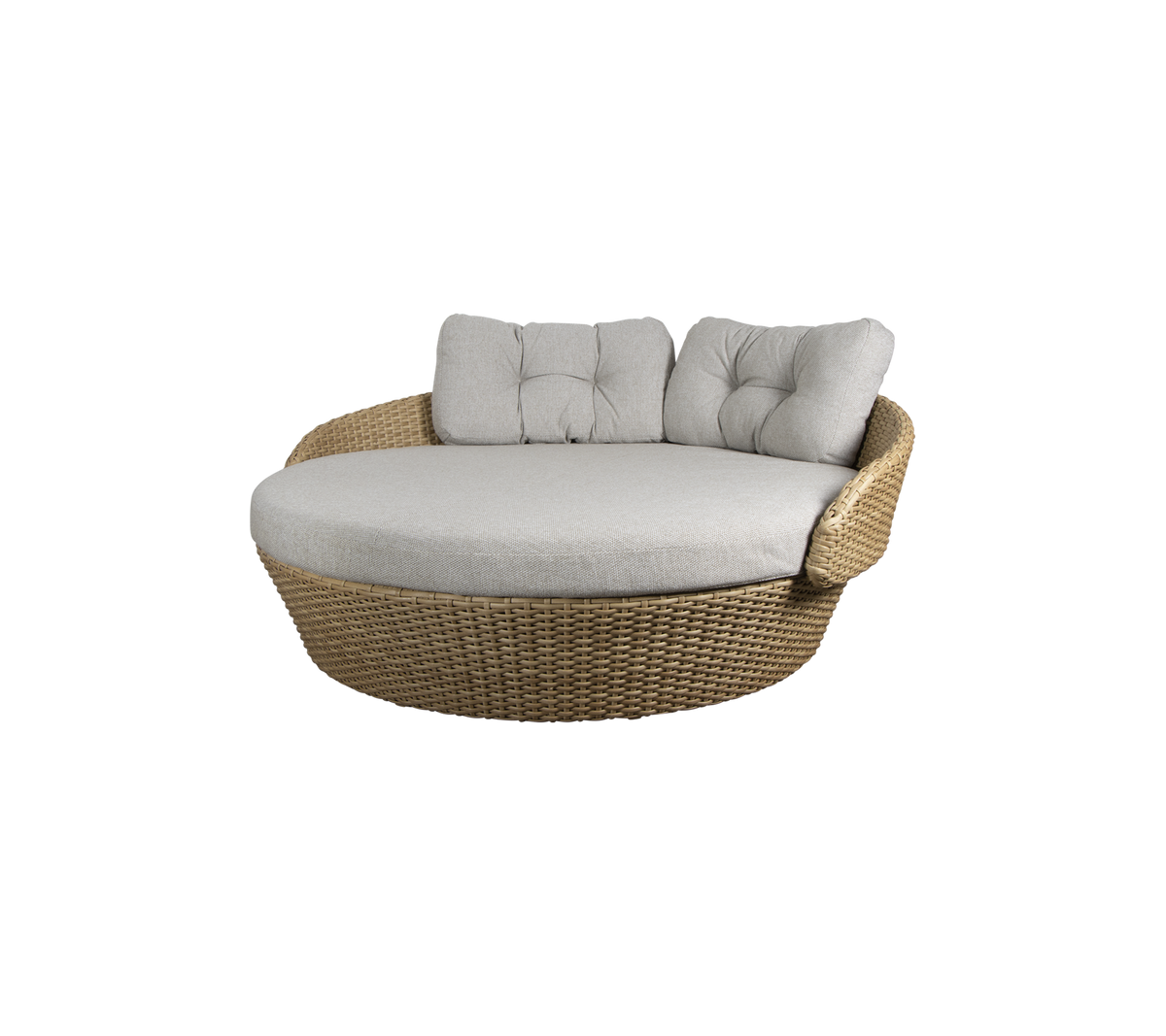 Rund flätad lounge stol med mjuka grå kuddar, designad för komfort och avkoppling. Ideal för att koppla av eller umgås.