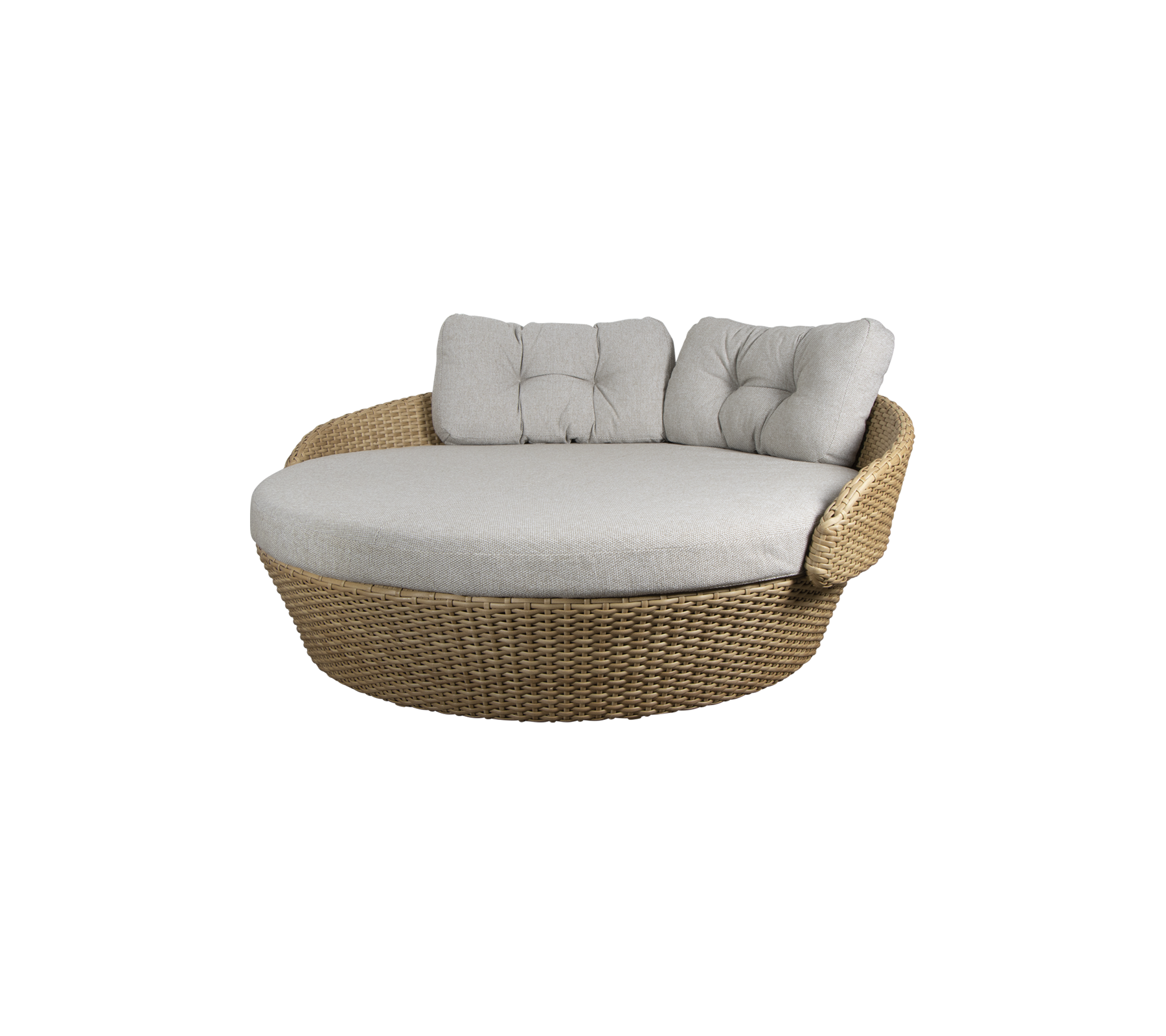 Rund flätad lounge stol med mjuka grå kuddar, designad för komfort och avkoppling. Ideal för att koppla av eller umgås.