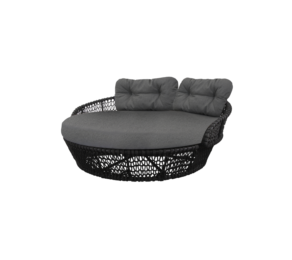 Rundt, stoppat sittande med en vävd bas, som har två ryggstöd och en slimmad design, perfekt för avkoppling.