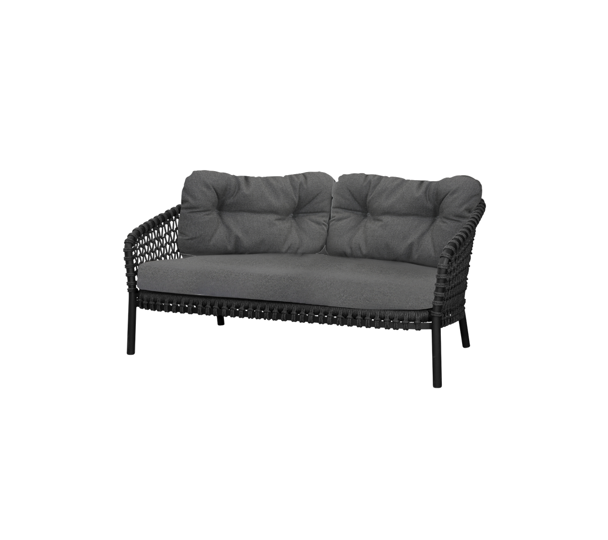 Stilren tvåsitssoffa med en slank svart ram och mjuka grå kuddar för komfort och elegans. Perfekt för moderna sittarrangemang.